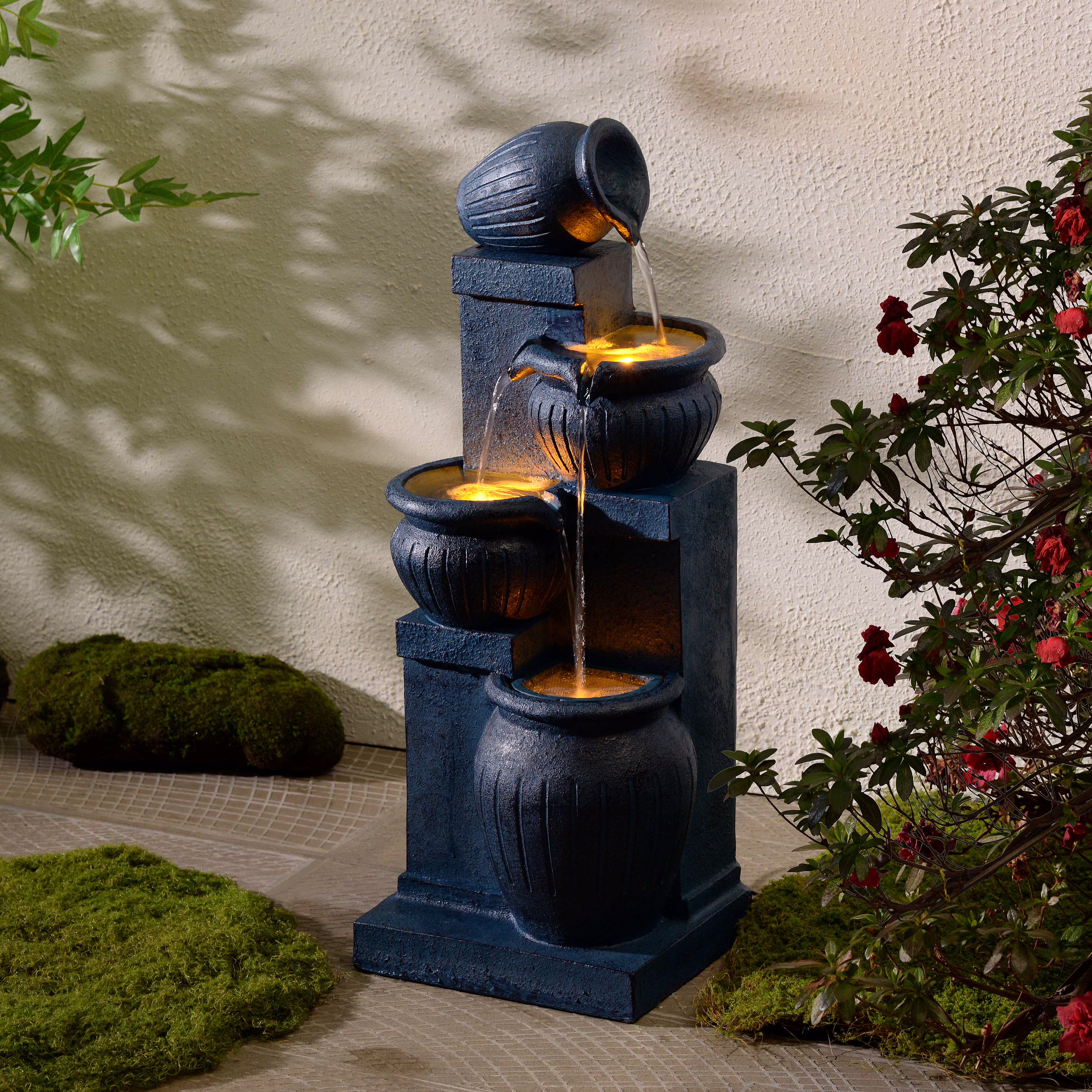 Teamson Home Outdoor Water Fountain with Lights�C 4-Tier Cascading Bowl Design with LED Light & Solar Pump, Solar-Powered Water Fountain Outdoor Garden, Yard, or Patio D��cor, Navy Blue