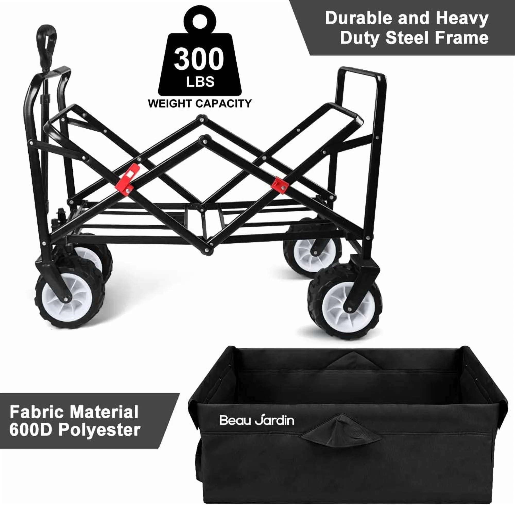 Collapsible Folding Wagon 300 Pound Capacity Heavy Duty Foldable Beach Wagon Cart Grocery Utility Wagon for Garden Sports Shopping Outdoor All Terrain Wheel Portable Black(black/1) - Image 4