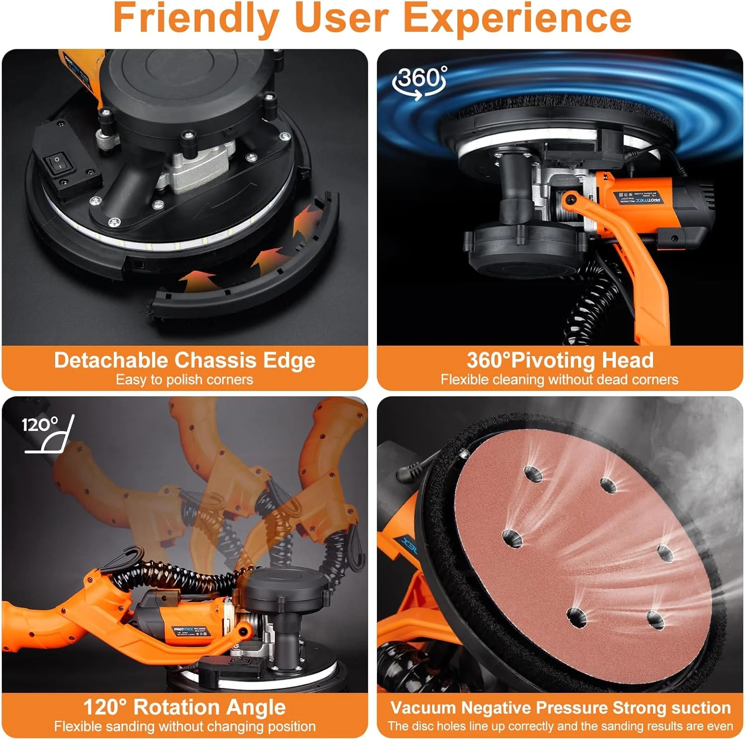 Drywall Sander, 1000W Popcorn Ceiling Removal Tool, Automatic Drywall Sander with Vacuum Dust Collection, LED Light, 6 Variable Speed 800-2200RPM,15Pcs Sanding Discs, Foldable Extendable Handle - Image 7