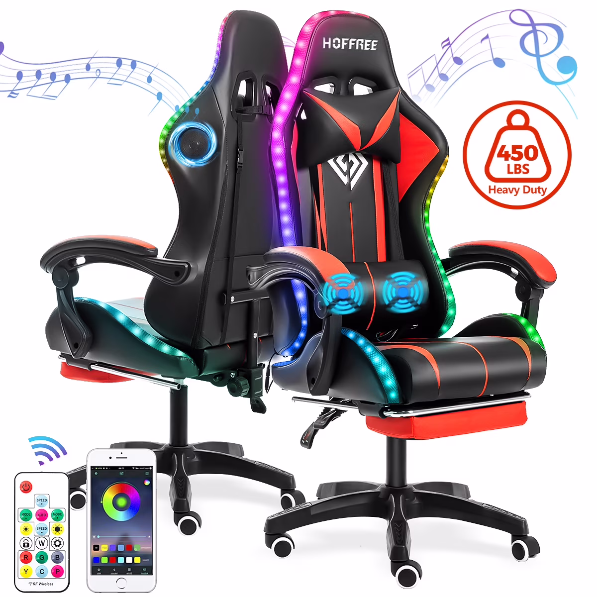 Gaming Chair with Bluetooth Speaker, Ergonomic Massage Racing Chair with RGB Lights, Footrest and Lumbar Support, High Back Office Chair, Heavy Duty Design Gaming Computer Chair(Red with Black)