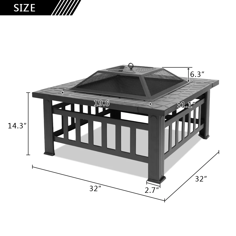 32" Outdoor Metal Firepit Backyard Patio Garden Square Stove Fire Pit(32" Black) - Image 6