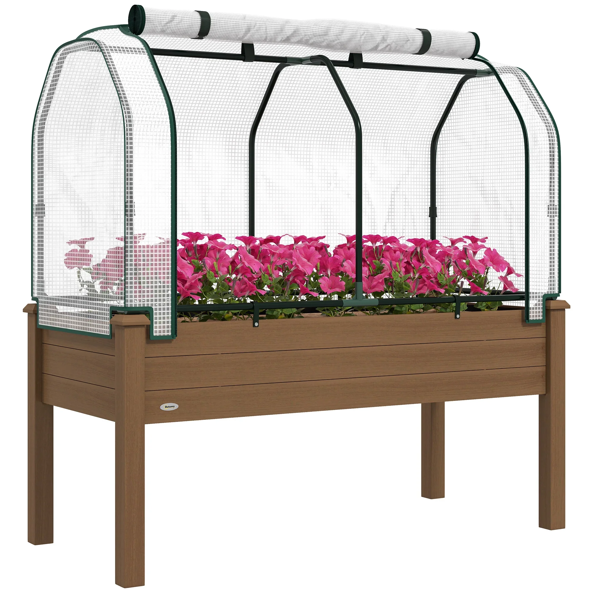 Outsunny Raised Garden Bed with PE Greenhouse Cover Outdoor Elevated Wood Planter Box for Herbs, Vegetables, for Patio, Backyard, Balcony, Brown