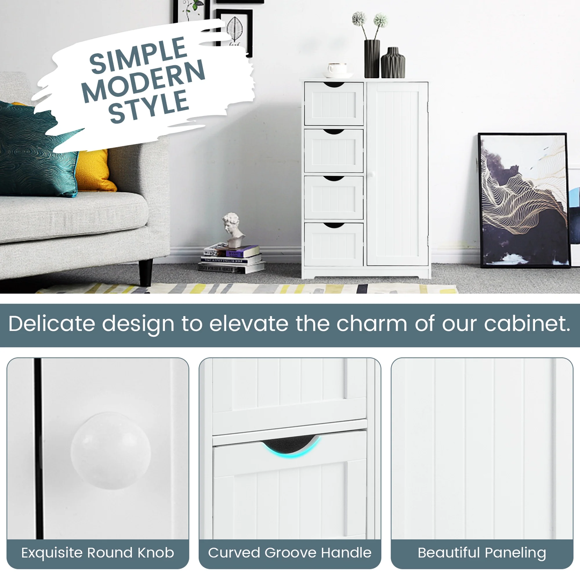 Bathroom Storage Wooden 4 Drawer Cabinet Cupboard 2 Shelves Free Standing White(White) - Image 10