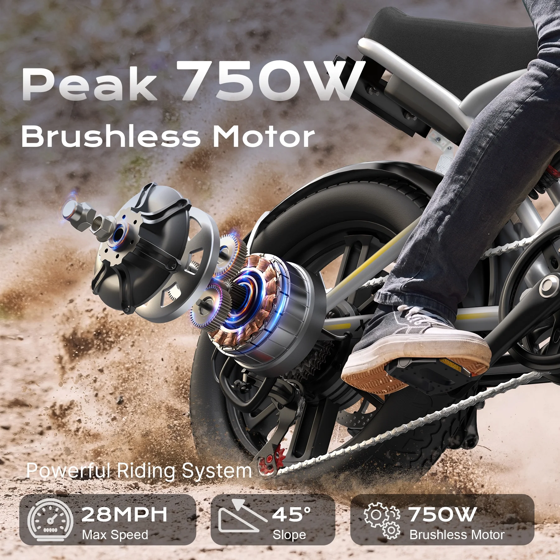Peak 1000W Electric Bike for Adults Reaches 25MPH, 65 Miles Long Range, 48V 13Ah Battery, Full Suspension, 7-Speed, 20" Fat Tire Electric Motorcycle Dirt Bike, UL2849(Silver) - Image 2