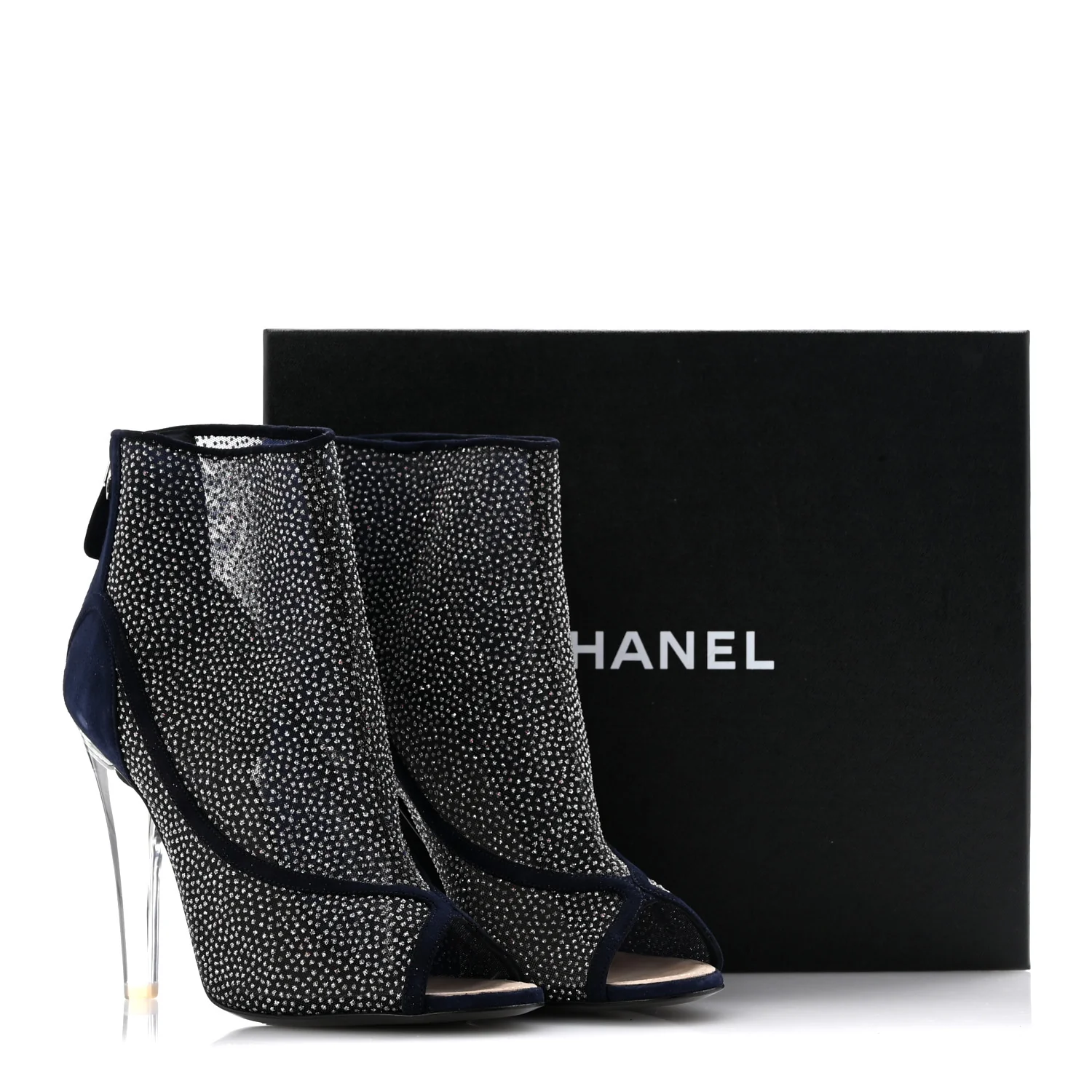 Mesh Crystal Open Toe Ankle Boots 40 Navy