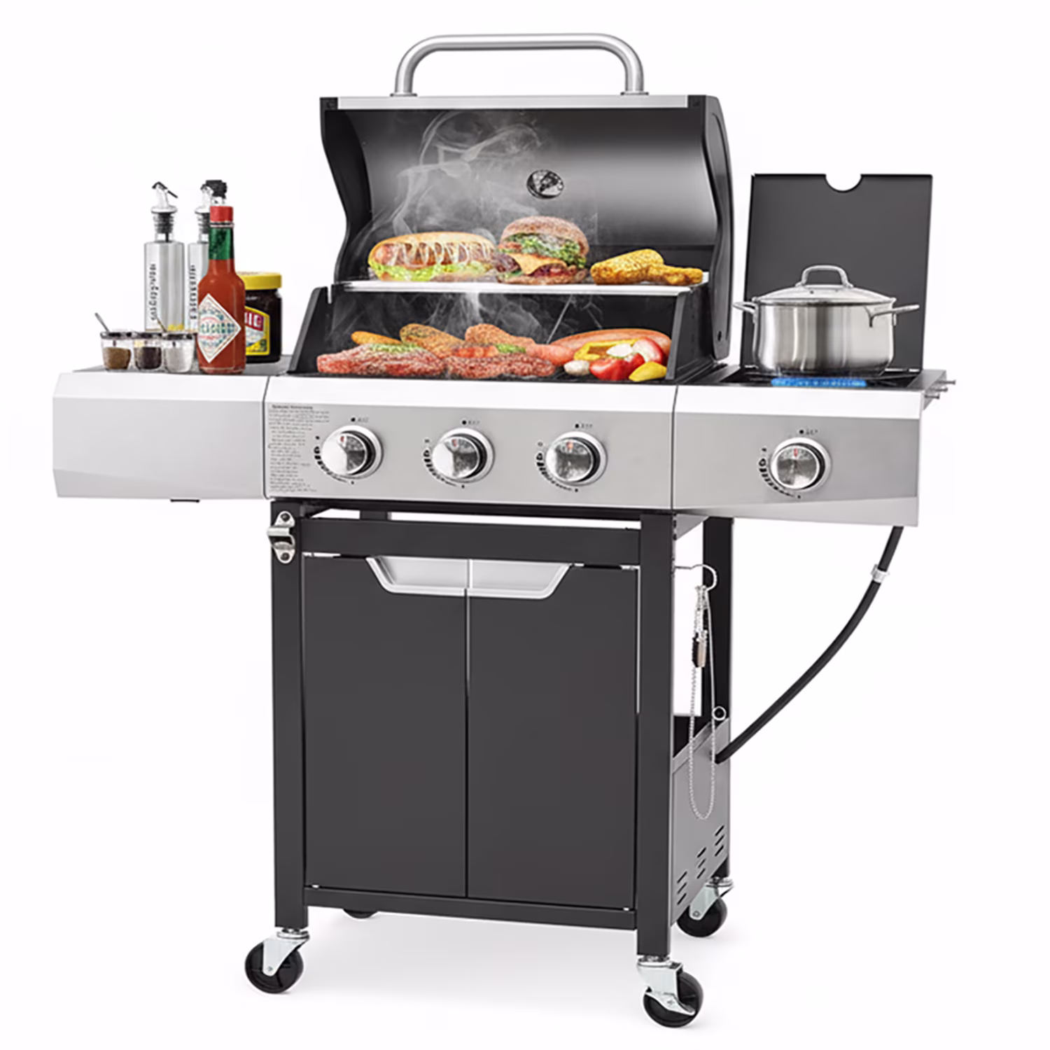 40,500 BTU Propane Gas Grill with Side Burner, Stainless Steel 3 Burner Barbecue Grill Portable on Wheels, with Bottle Opener, for Camping Patio Outdoor Cooking(40500)