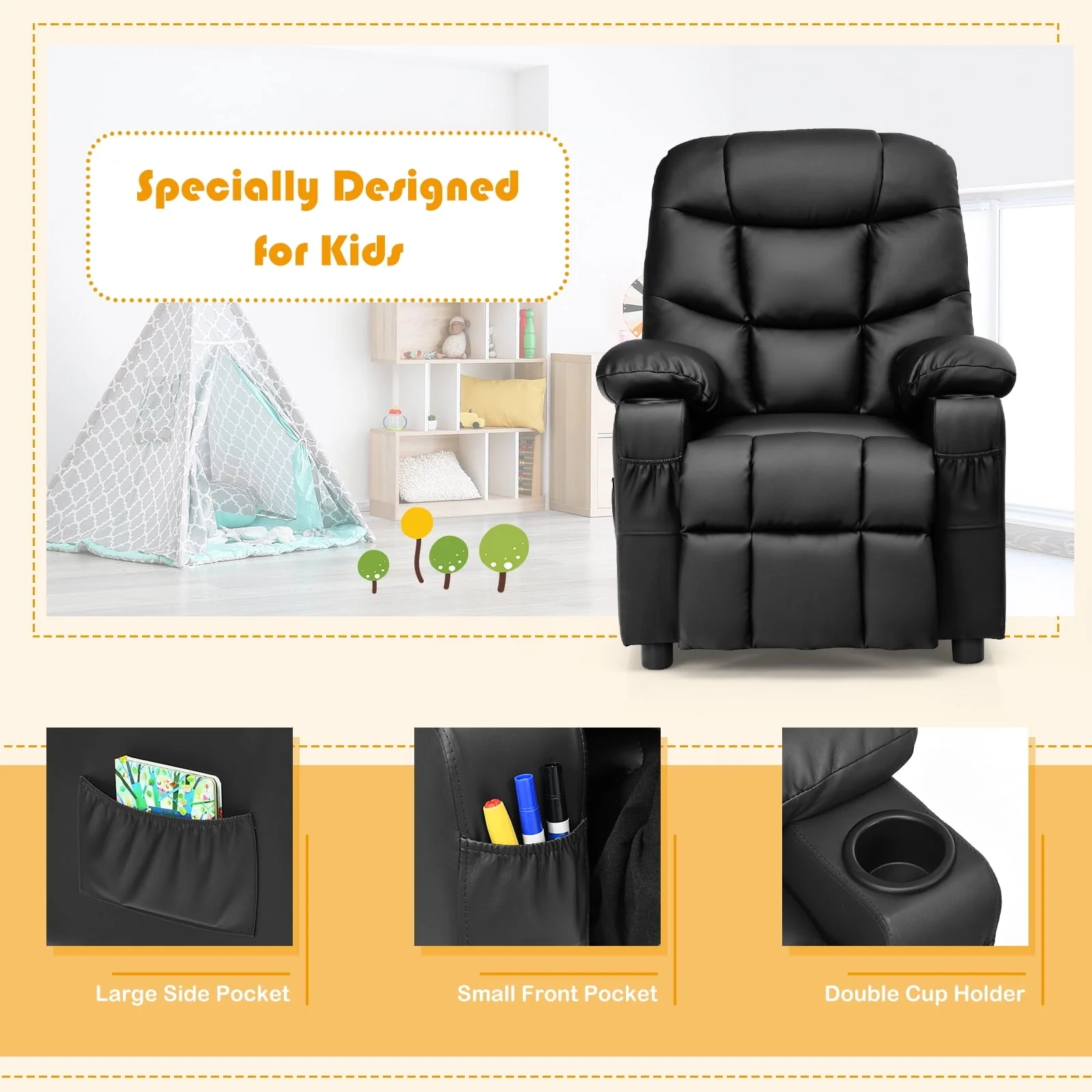 Infans Kids Youth Recliner Chair PU Leather W/Cup Holders & Side Pockets Black