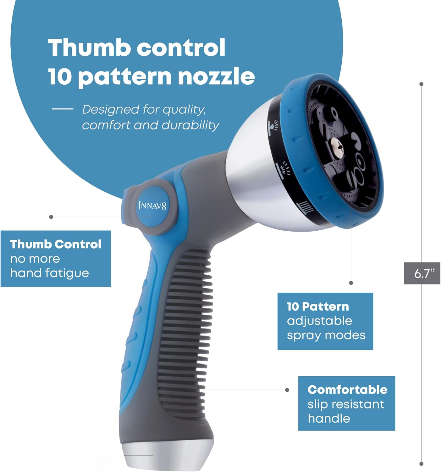 INNAV8 Garden Hose Nozzle Heavy Duty, Water Hose Sprayer Nozzle for Outdoor| THUMB CONTROL On Off Valve for Easy Water Control, 10 Spray Patterns - Water Hose Nozzle Head Attachment
