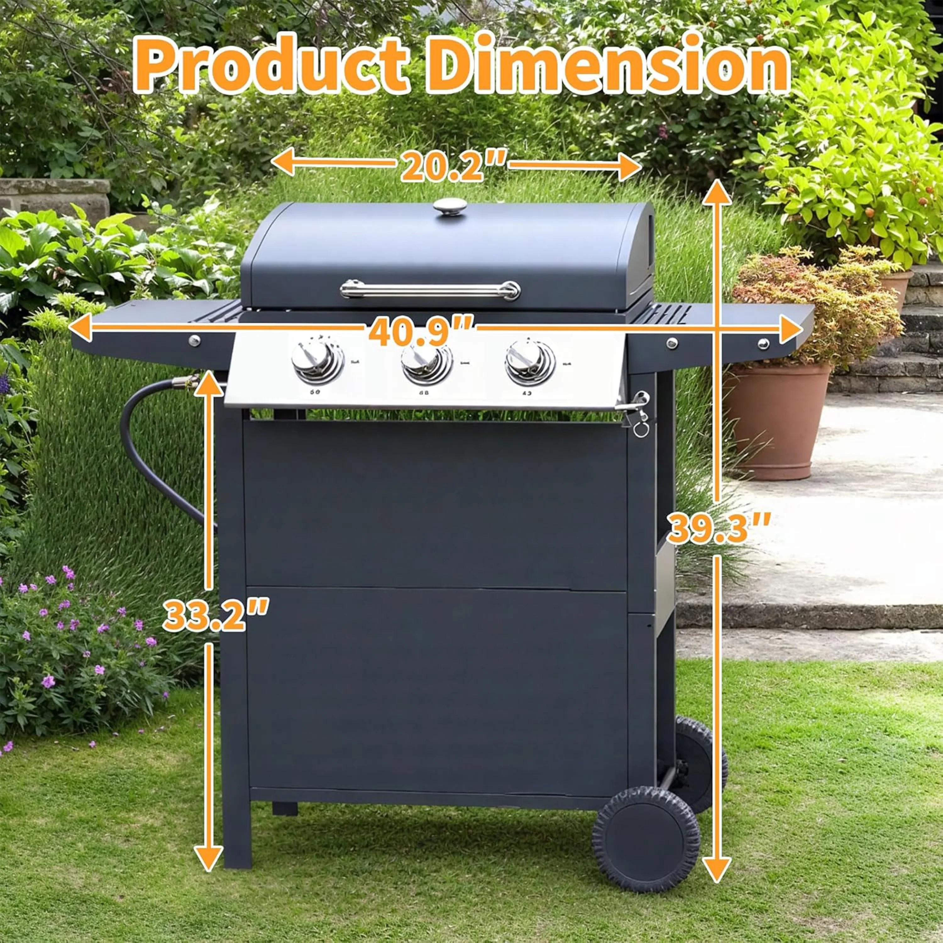 Furnibear 4 Burner BBQ Propane Gas Grill, Stainless Steel 34,000 BTU Patio Garden Barbecue Grill with Two Foldable Shelves