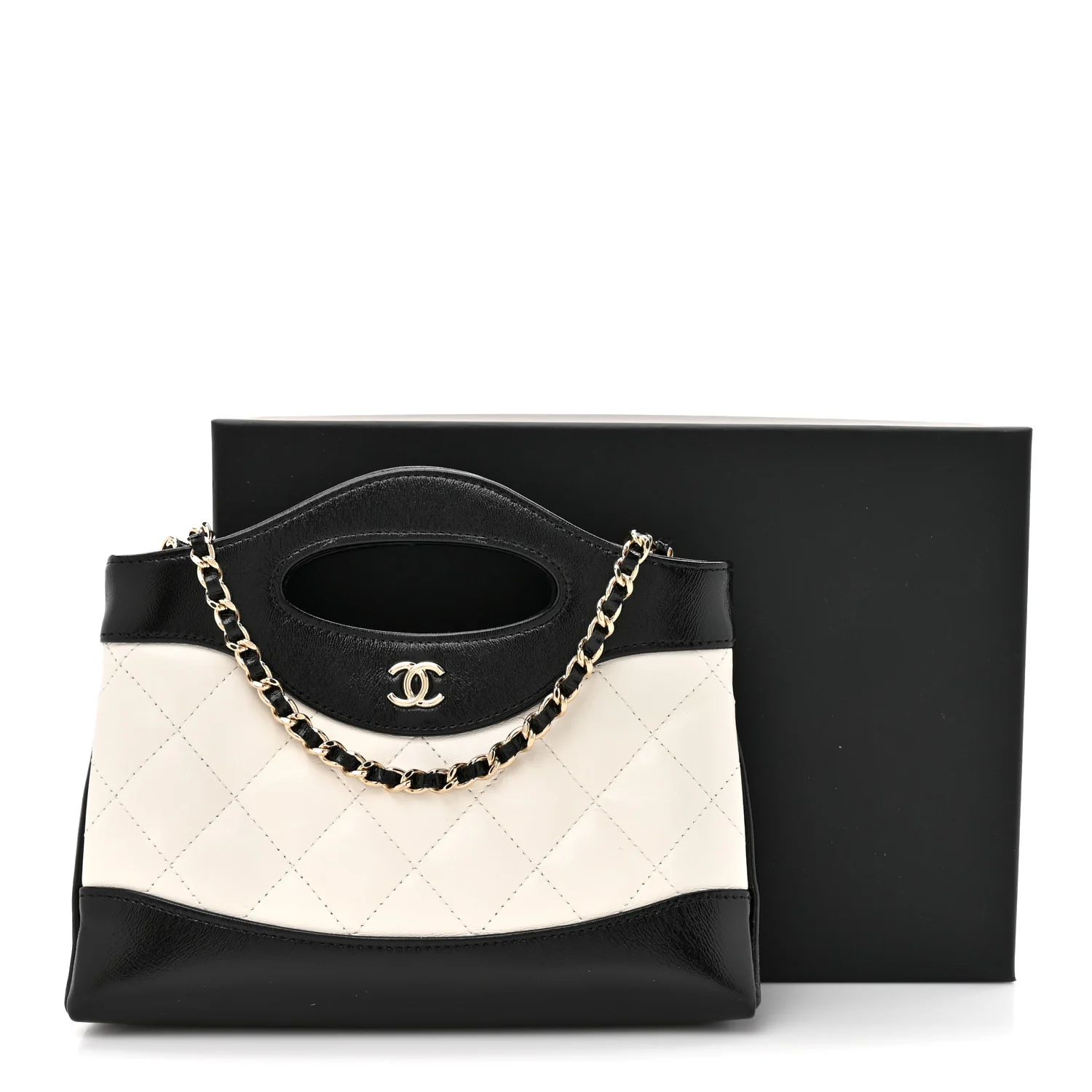 Shiny Crumpled Calfskin Quilted Nano 31 Shopping Bag White Black