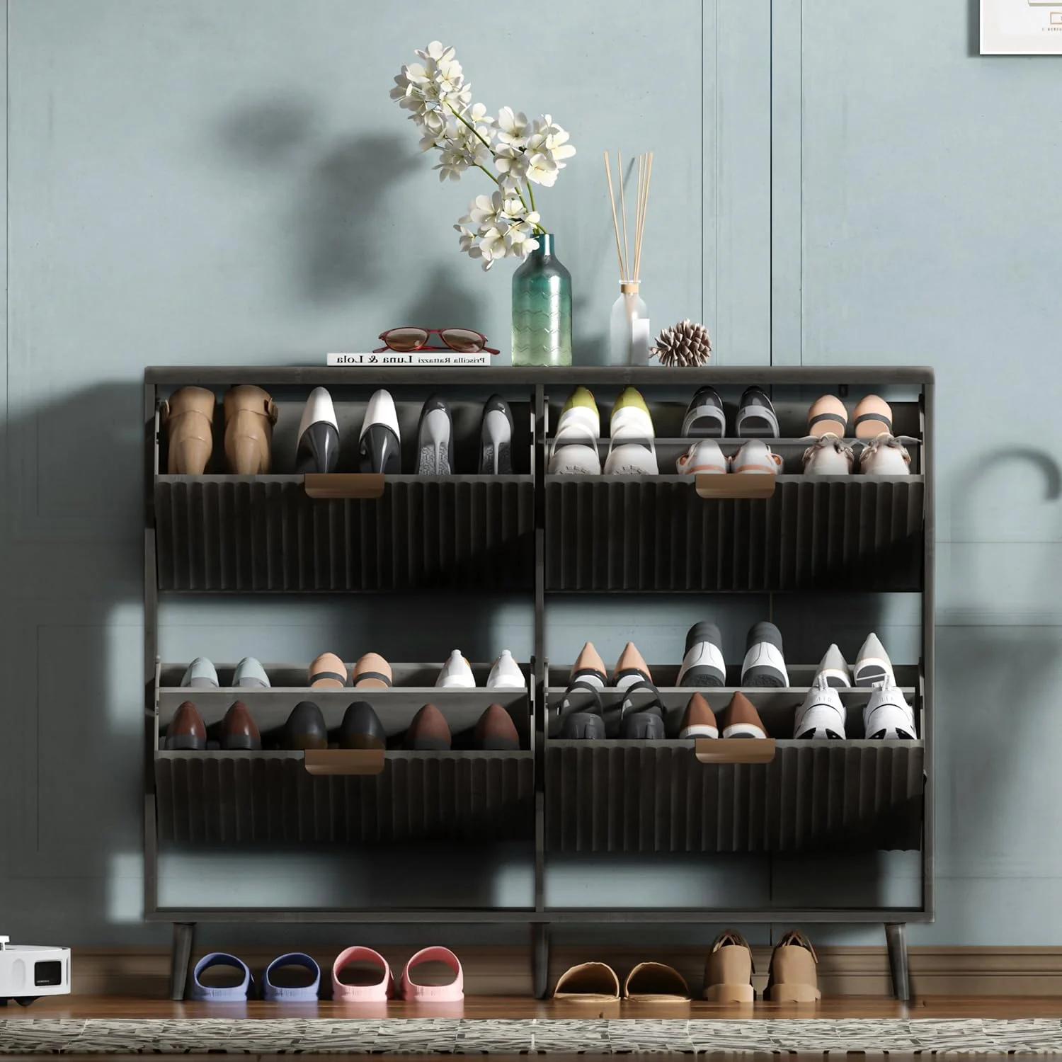 Meuble à chaussures moderne autoportant avec 2 tiroirs rabattables et étagère à chaussures étroite