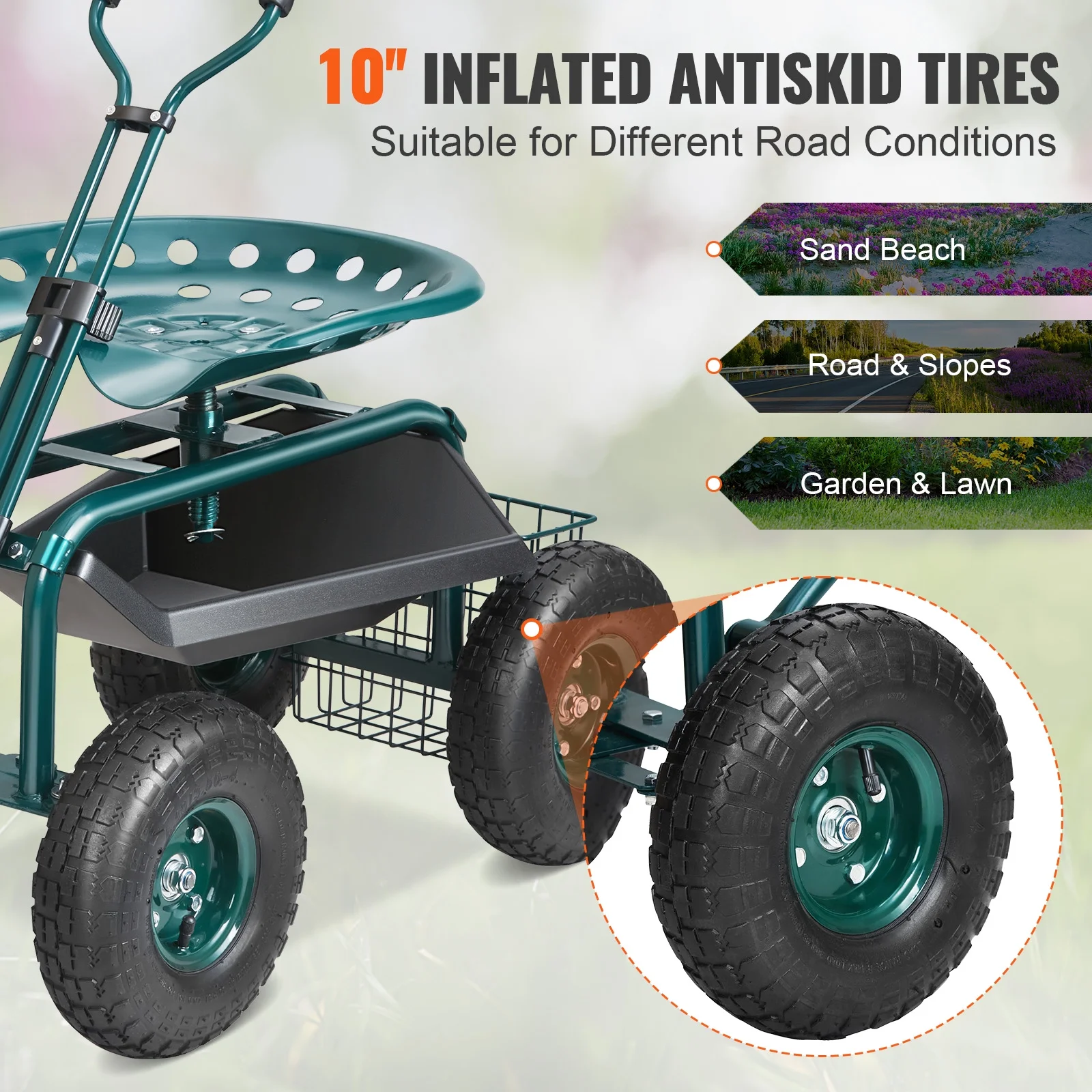 Garden Cart Rolling Workseat with Wheels, Gardening Stool for Planting, 360 Degree Swivel Seat, Wagon Scooter with Steering Handle Utility Tool Tray, Use for Patio, Yard, and Outdoors(Green) - Image 5