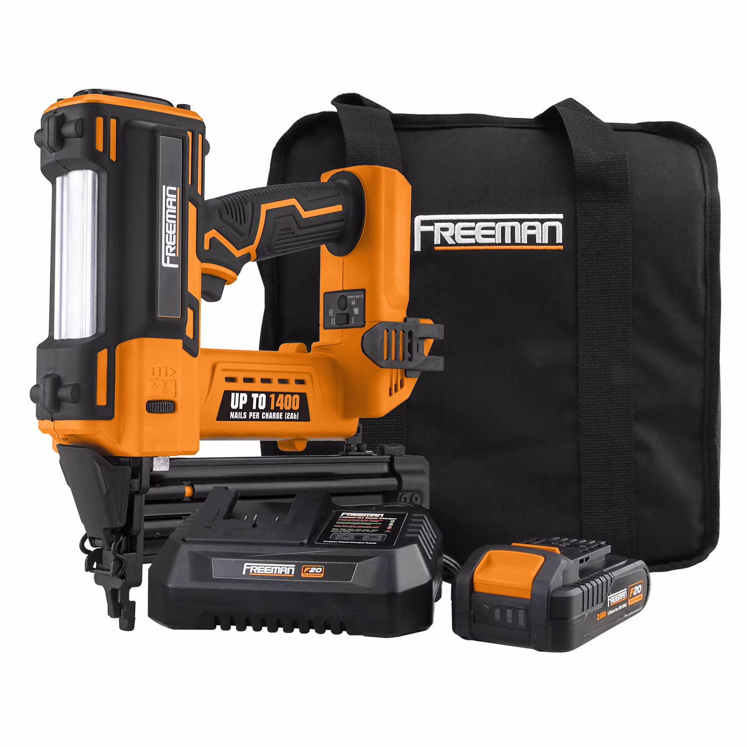 Freeman PE20VBR50 20 Volt Cordless 18-Gauge 2 Brad Nailer Kit with Lithium Ion Battery, Charger, Bag, and Nails (500 Count) �C 1400 Shots per Charge
