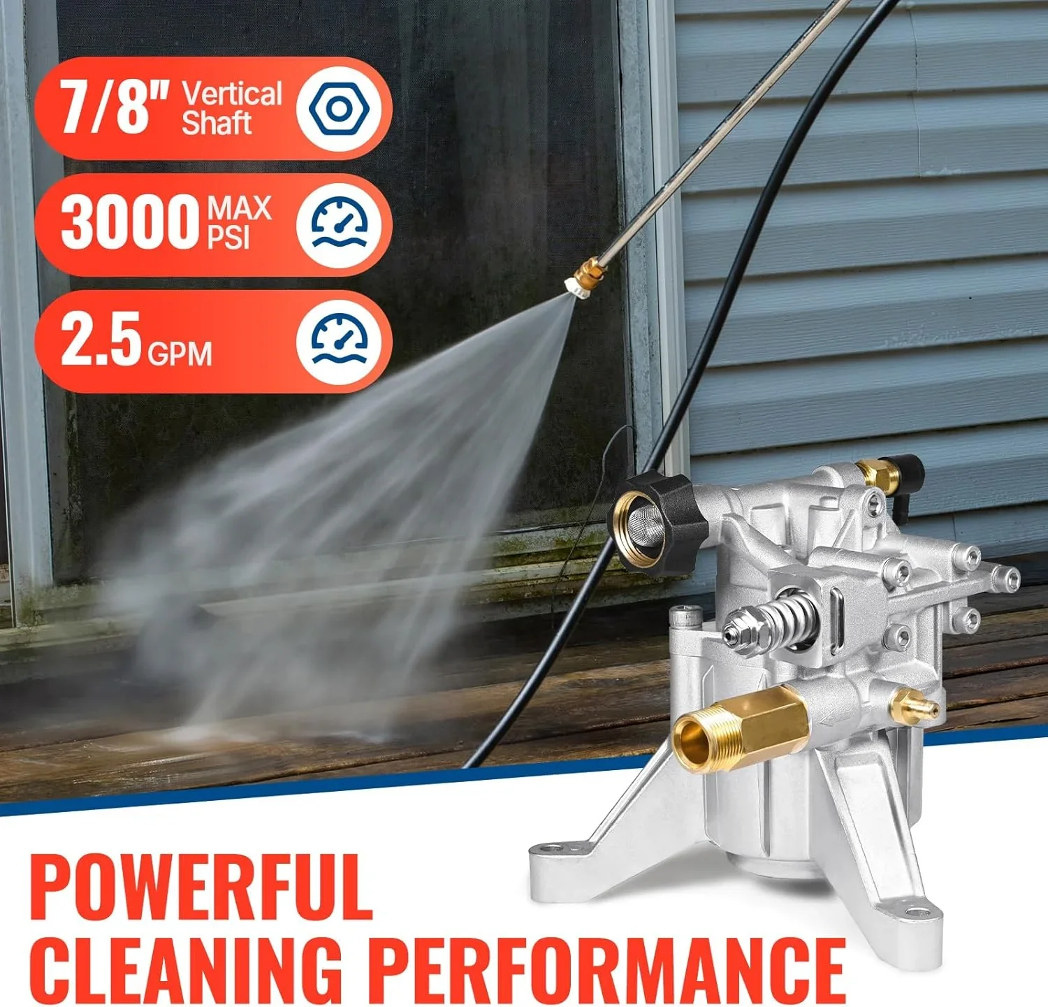 YAMATIC 7/8 Vertical Pressure Washer Pump, 3000 PSI @ 2.5 GPM, Replacement for GCV160, GCV190, Ryobi, Troy-Bilt, Homelite Power Washers, Rear Inlet/Outlet