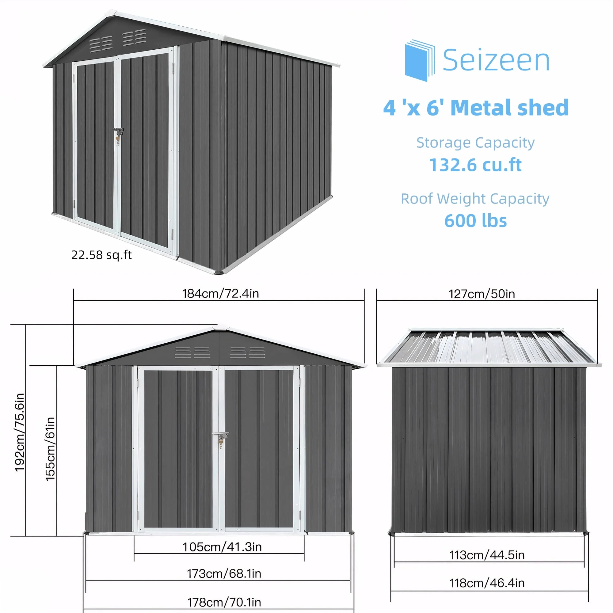 Outdoor Storage Shed with Lockable Doors, Dark Gray(6' x 4'# Gray) - Image 10
