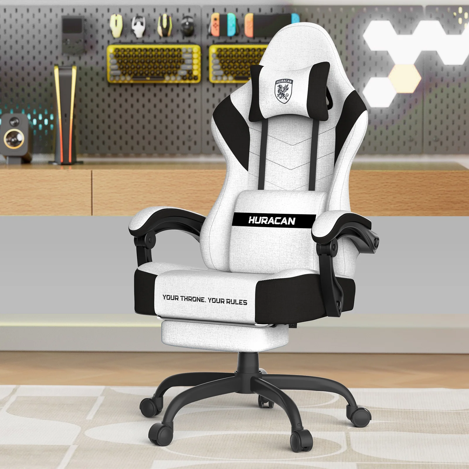 SOONTRANS Gaming Chair for Adults, Ergonomic Linen Fabric Computer Chair with Massage Lumbar Pillow, Gamer Game Chair with Adjustable Headrest, Comfortable Office Chair for Home, White