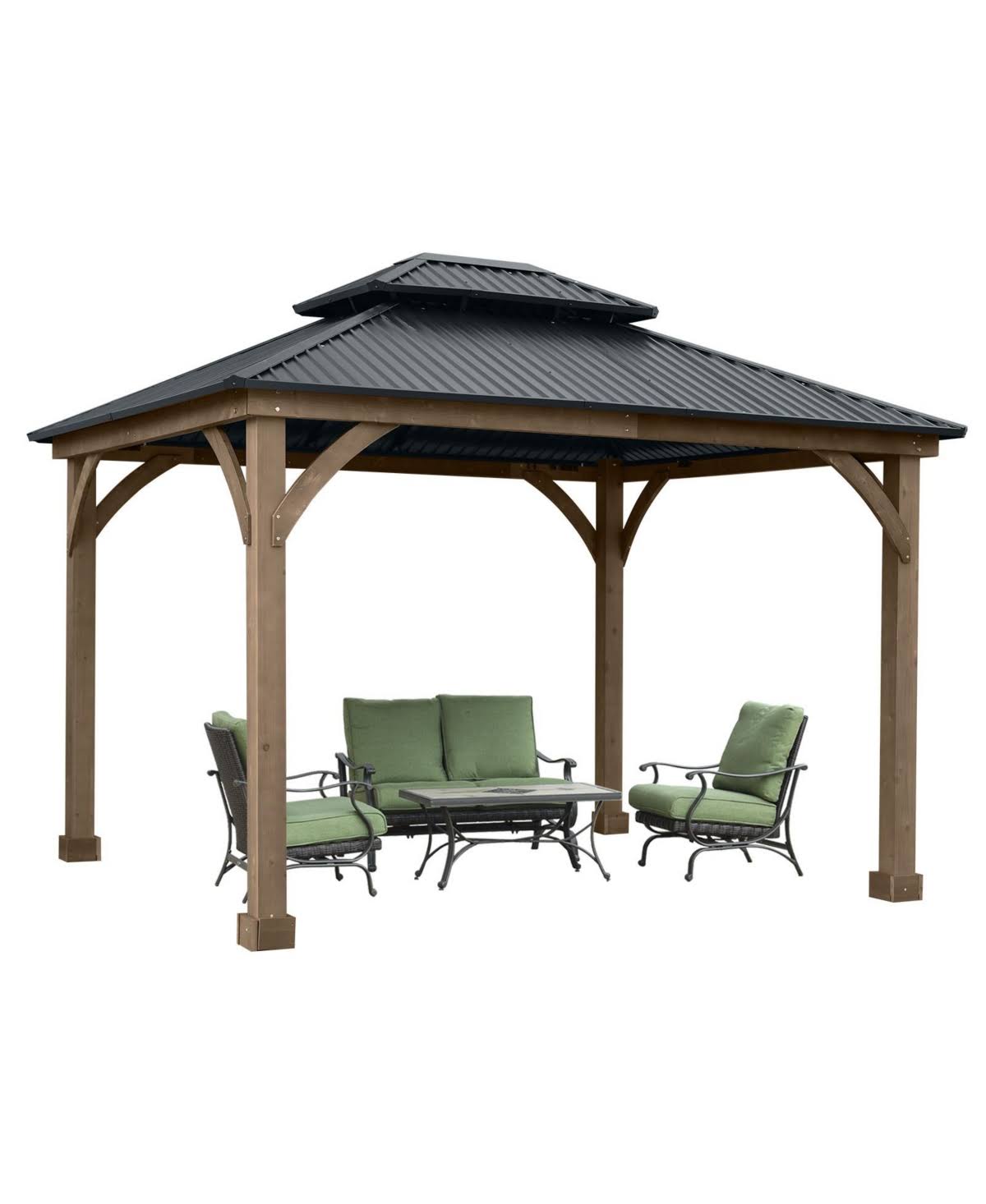 Aoodor Patio Solid Wooden Gazebo 11.1 x 9.5 ft. Hardtop Roof 2 Tier for Garden Grey. - Dark Grey