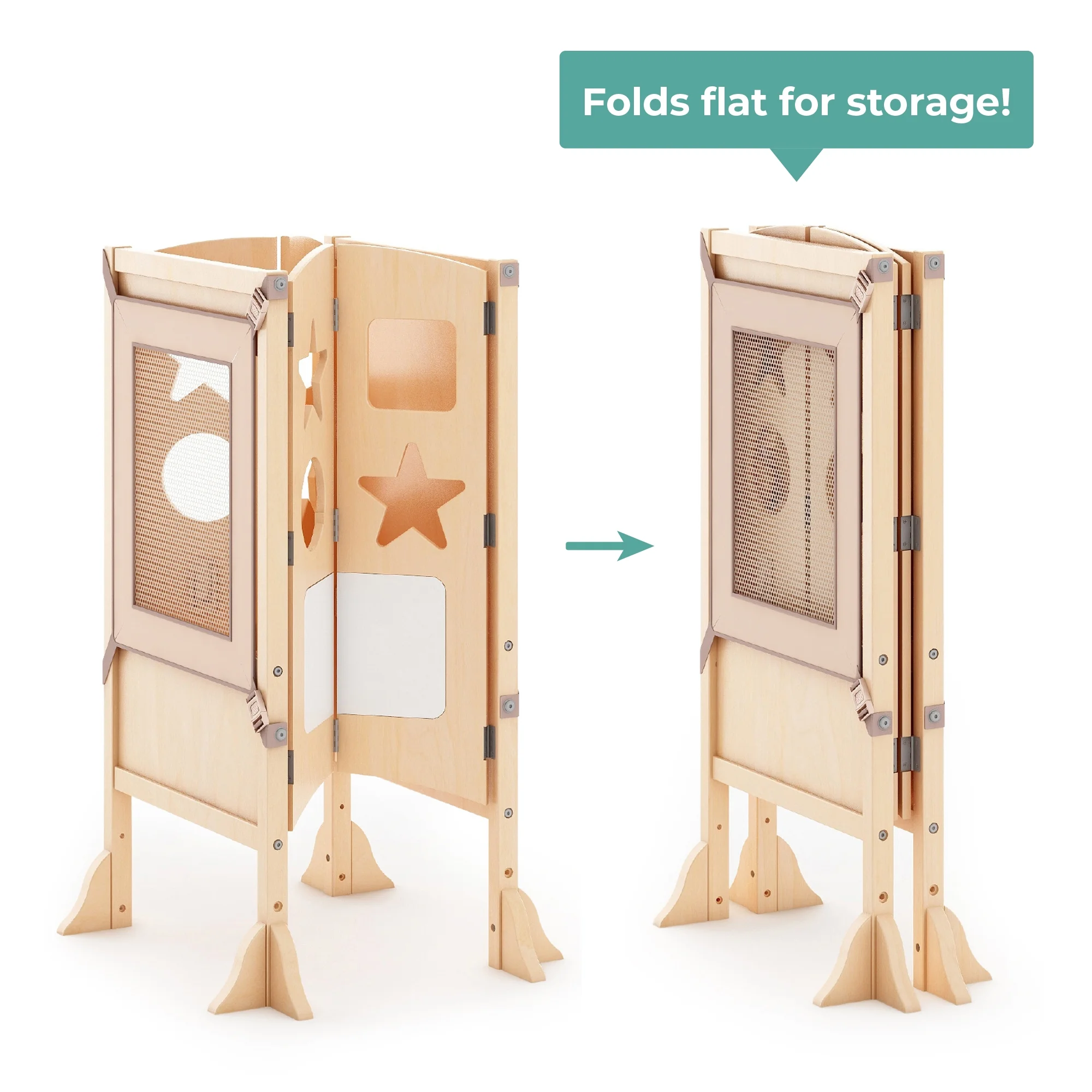Classic Kitchen Helper Kids' Step Stool Natural: Foldable and Adjustable Wooden Toddler Tower for Learning with Keeper(Natural) - Image 6
