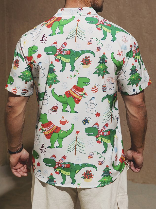 Chemise hawaïenne à manches courtes pour homme, imprimé dinosaure de Noël, avec poche poitrine