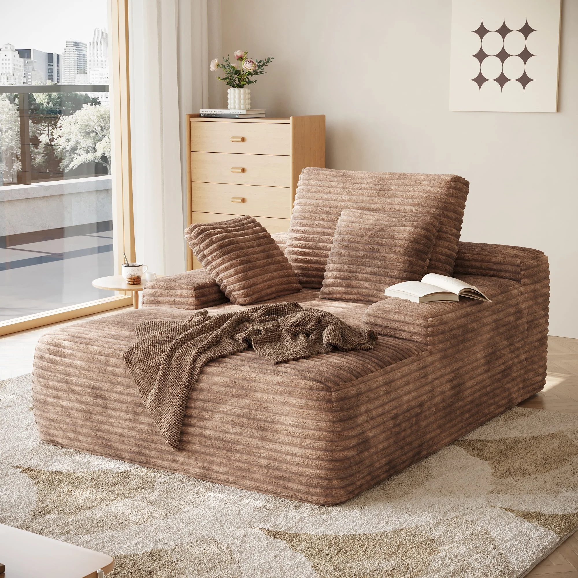 Oversized Chaise Lounge Chair Indoor,Upholstered Sofa Bed with Throw Pillows and Armrests,Sleeper Chair for Living Room,Bedroom,Brown,Corduroy(Brown) - Image 2
