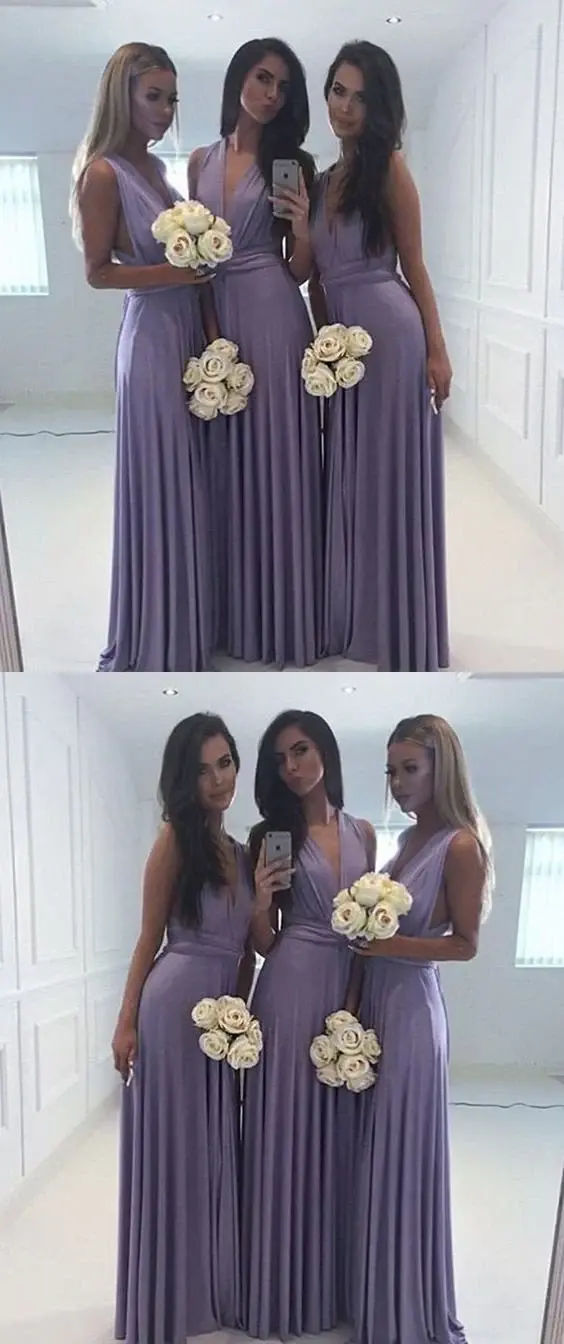 Simple Lavender Long Chiffon V Neck Bridesmaid Dresses DMG49