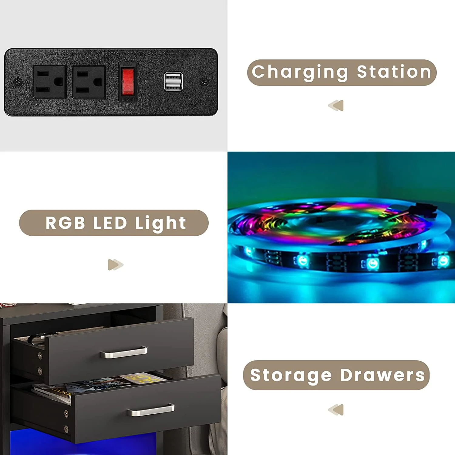 Set of 2 LED Nightstands with Charging Station, Modern Bedside Table with 2 Drawers, Black(Black) - Image 5