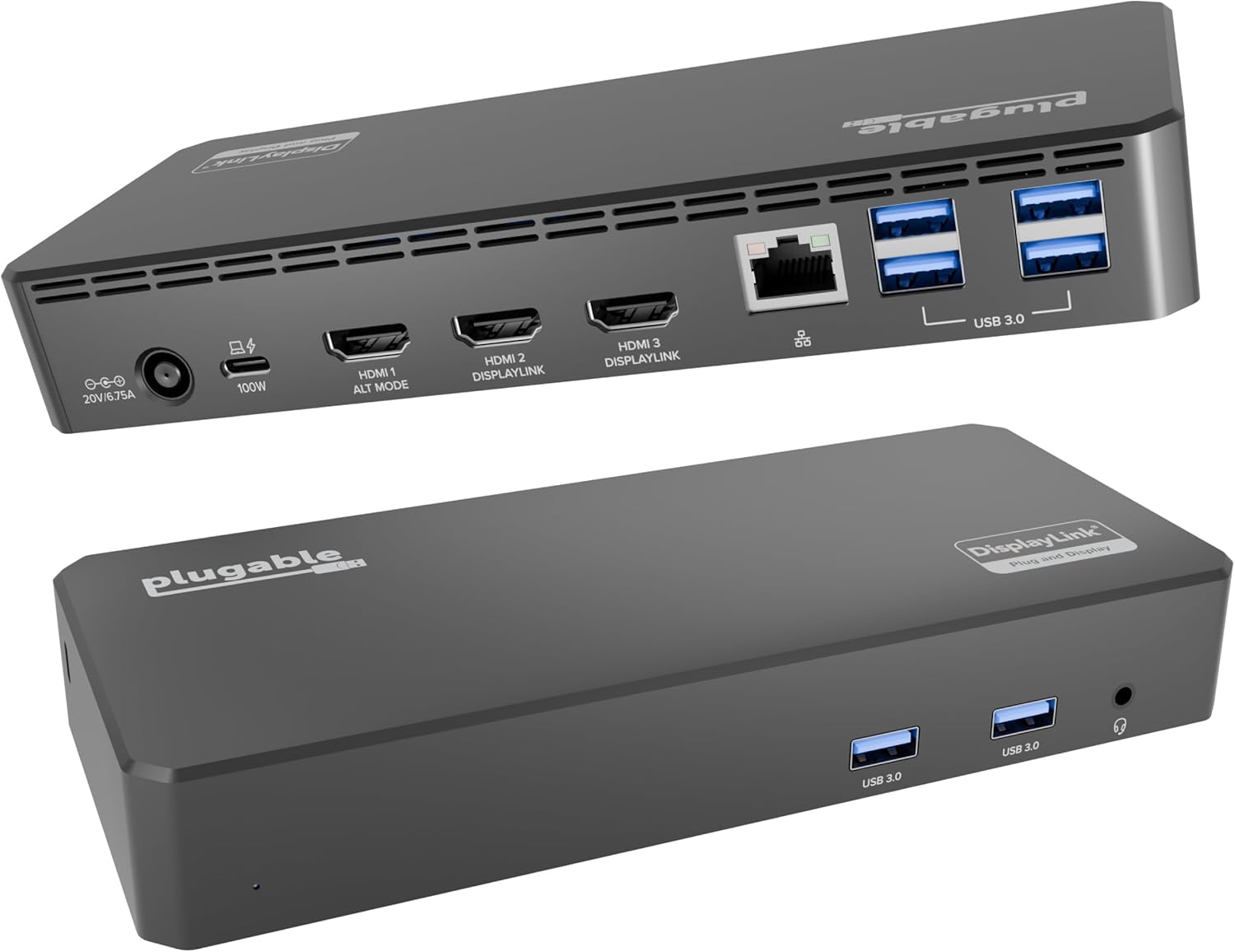 Plugable USB C Triple Display Docking Station | 100W PD  3x HDMI (1x 4K 30Hz  2x 1080p 60Hz)  6x USB 5Gbps Ports | Windows  macOS  ChromeOS Compatible - Enhance Productivity with Multi-Monitor Support