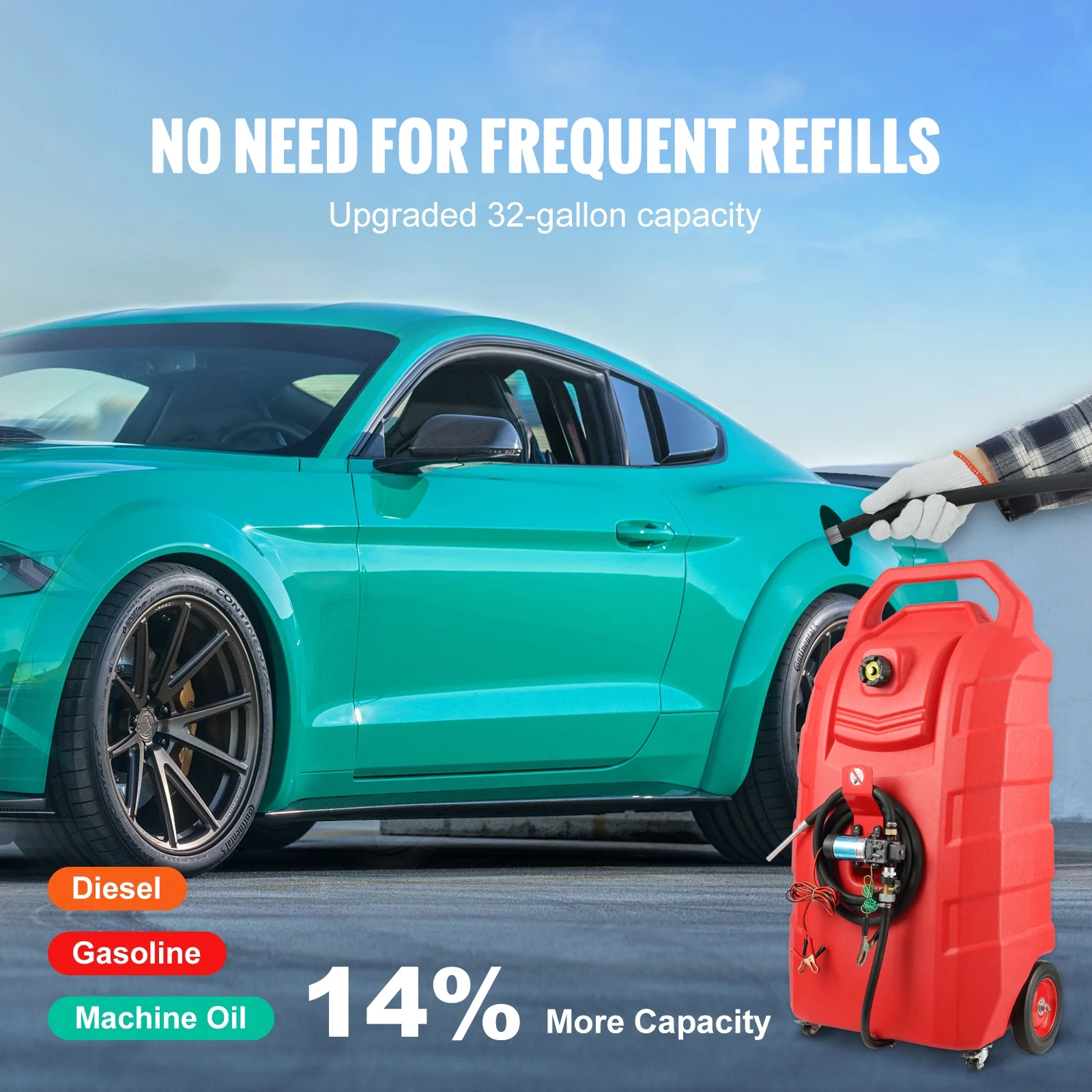 Fuel Carrier, 32 Gallon, Mobile Fuel Storage Unit On-Wheels, Equipped with 12V DC Transfer Pump, Gasoline Diesel Fuel Holder with 8.2 ft Hose, Flow Rate 7L/min, Suitable for Trucks, Boats - Image 4