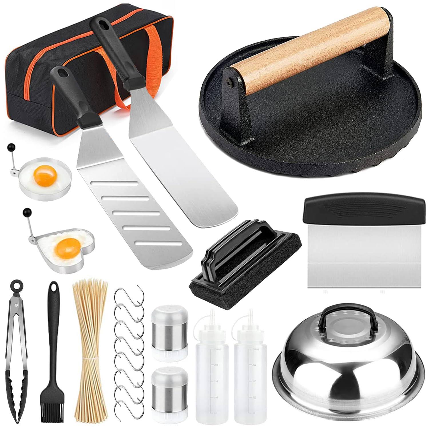 iRabey Griddle Accessories Kit and Burger Press, 122 Pcs Griddle Grill Tools Set for Blackstone Stainless Steel Grill BBQ Spatula Utens