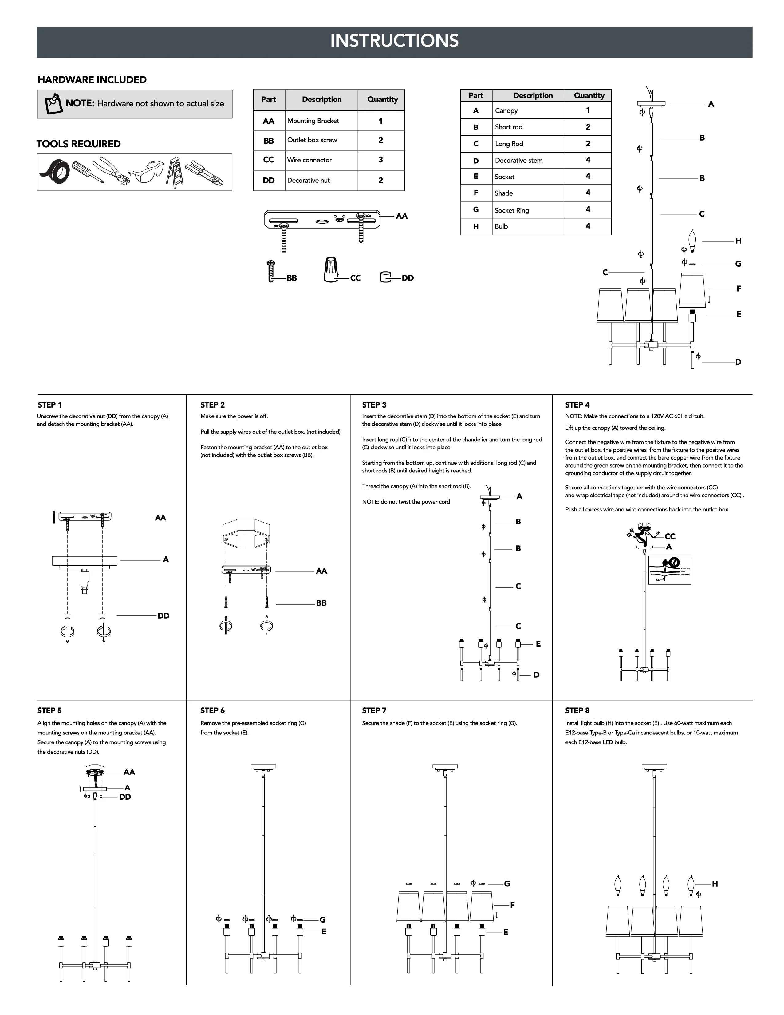 Better Homes & Gardens Meadowood 4-Light Chandelier, Matte Black Finish, White Fabric Shades, LED Bulbs Included
