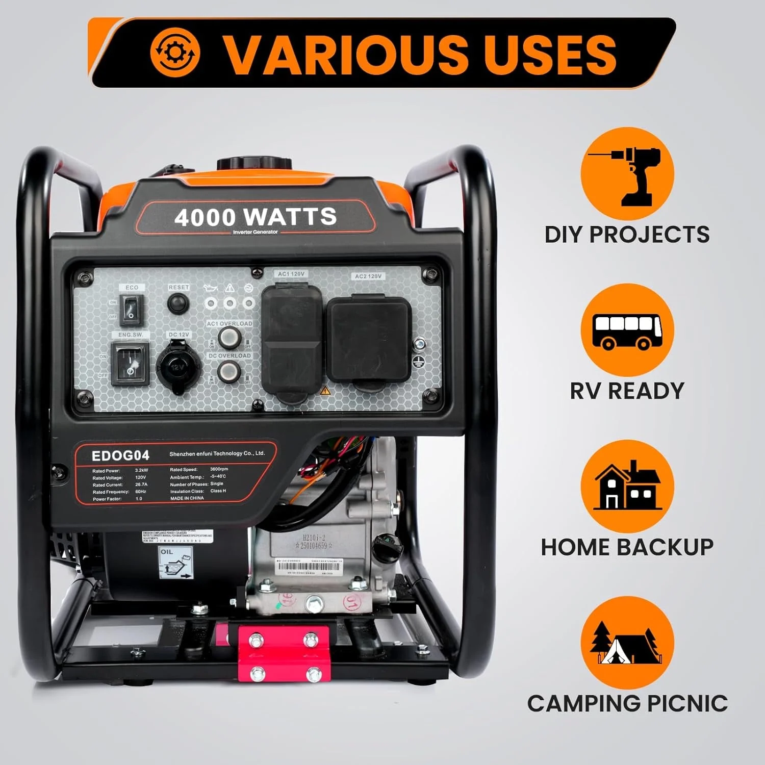 4000W Inverter Generator Gas Powered, Portable Gas Generator for Home and Outdoor Use, Leightweight and ECO Mode(4000 W) - Image 4