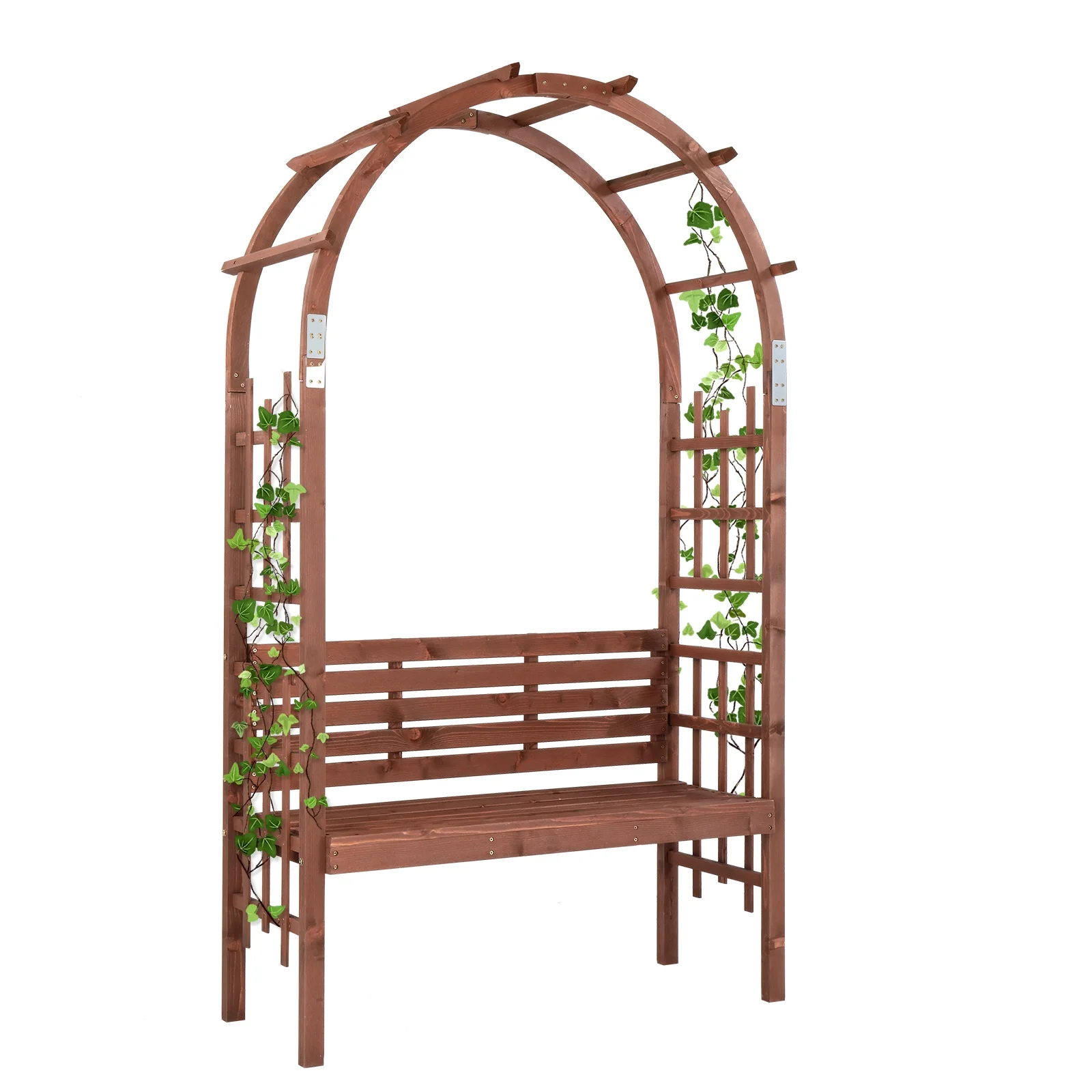 6.8FT Wooden Arch with Bench for 2 People, Garden Arbor Trellis for Climbing Plant, Outdoor Garden Lawn Backyard Patio Decor, Dark Brown - Image 9