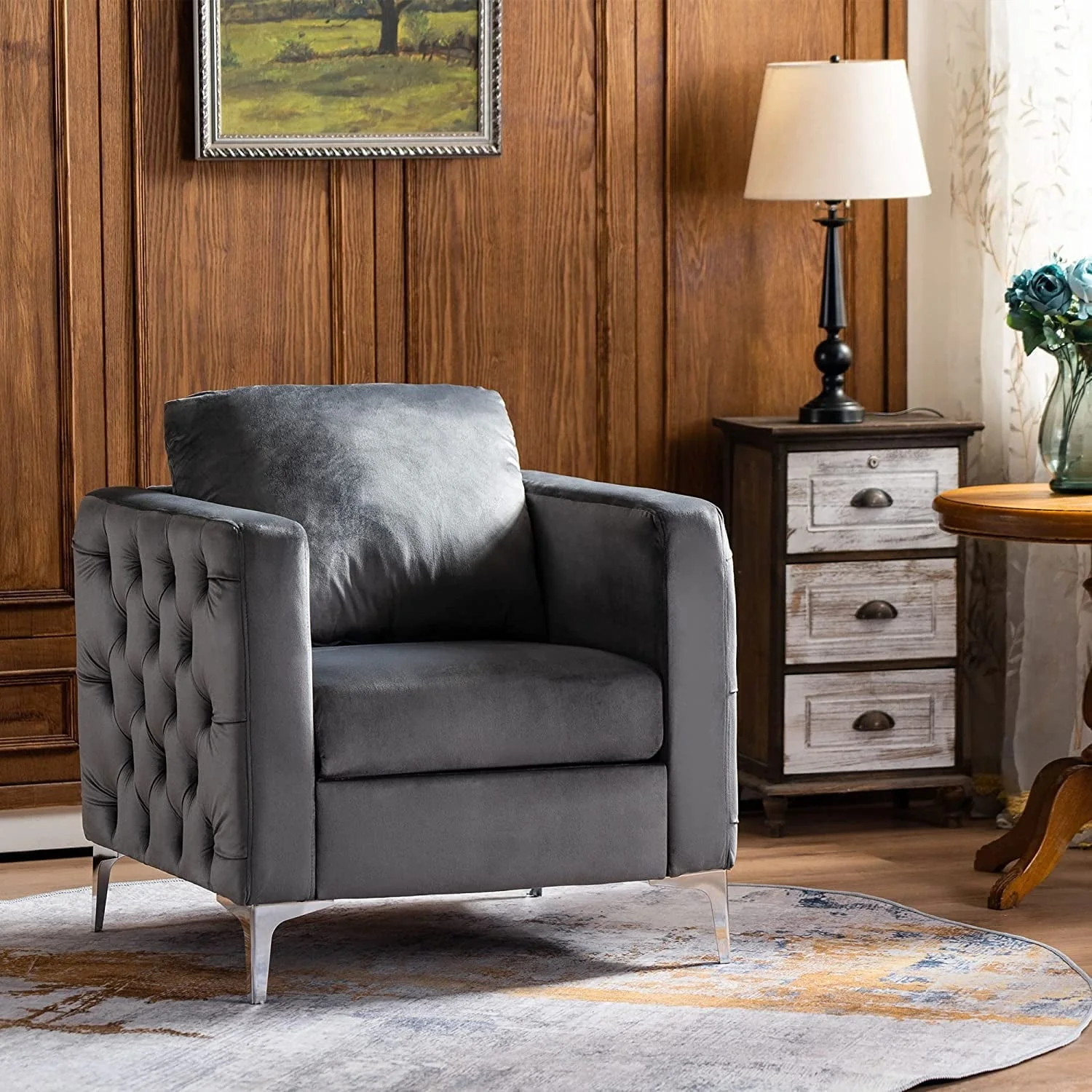 Velvet Accent Club Chair, Single Sofa Chair, Armchair 4066 (Grey)(Blue) Image 5