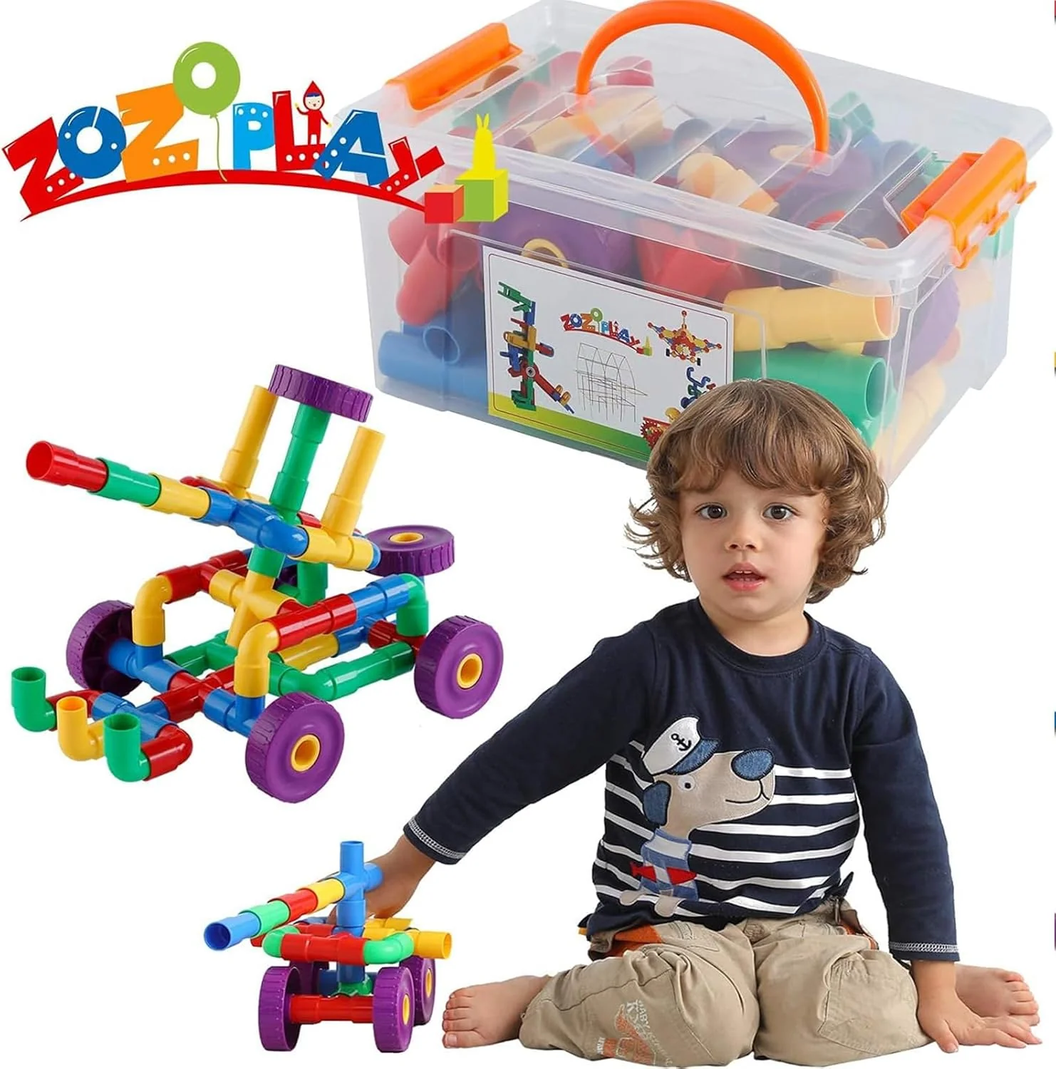 ZOZOPLAY STEM Learning Toy Tubular Pipes & Spouts & Joints 64 Piece Build Bicycle, Tank, Scootie, Moter Skills Endless Designs Educational Building Blocks Set for Kid Ages 3+ Multicolor