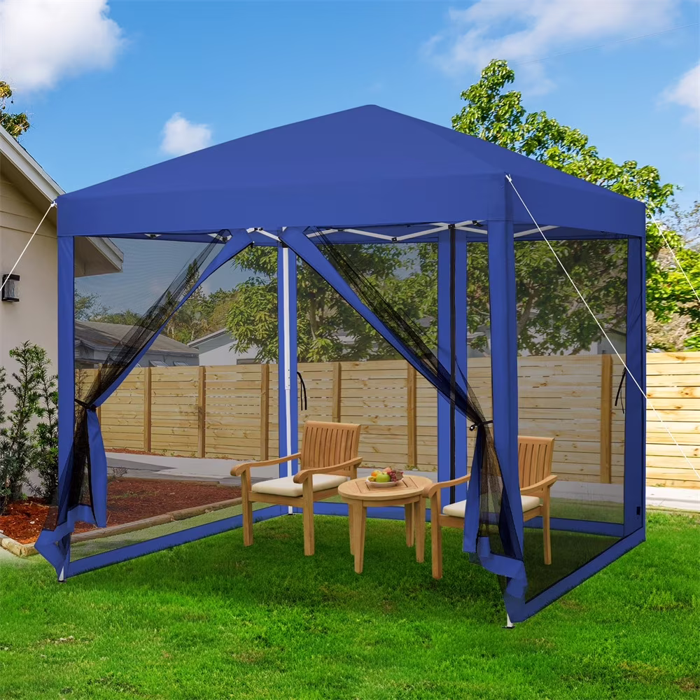 Instant Pop - up Canopy Tent with Removable Mosquito Netting & 2 Zipper Doors, Portable Outdoor Shelter for Camping, Backyard, Picnic - Includes Wheeled Carry Bag