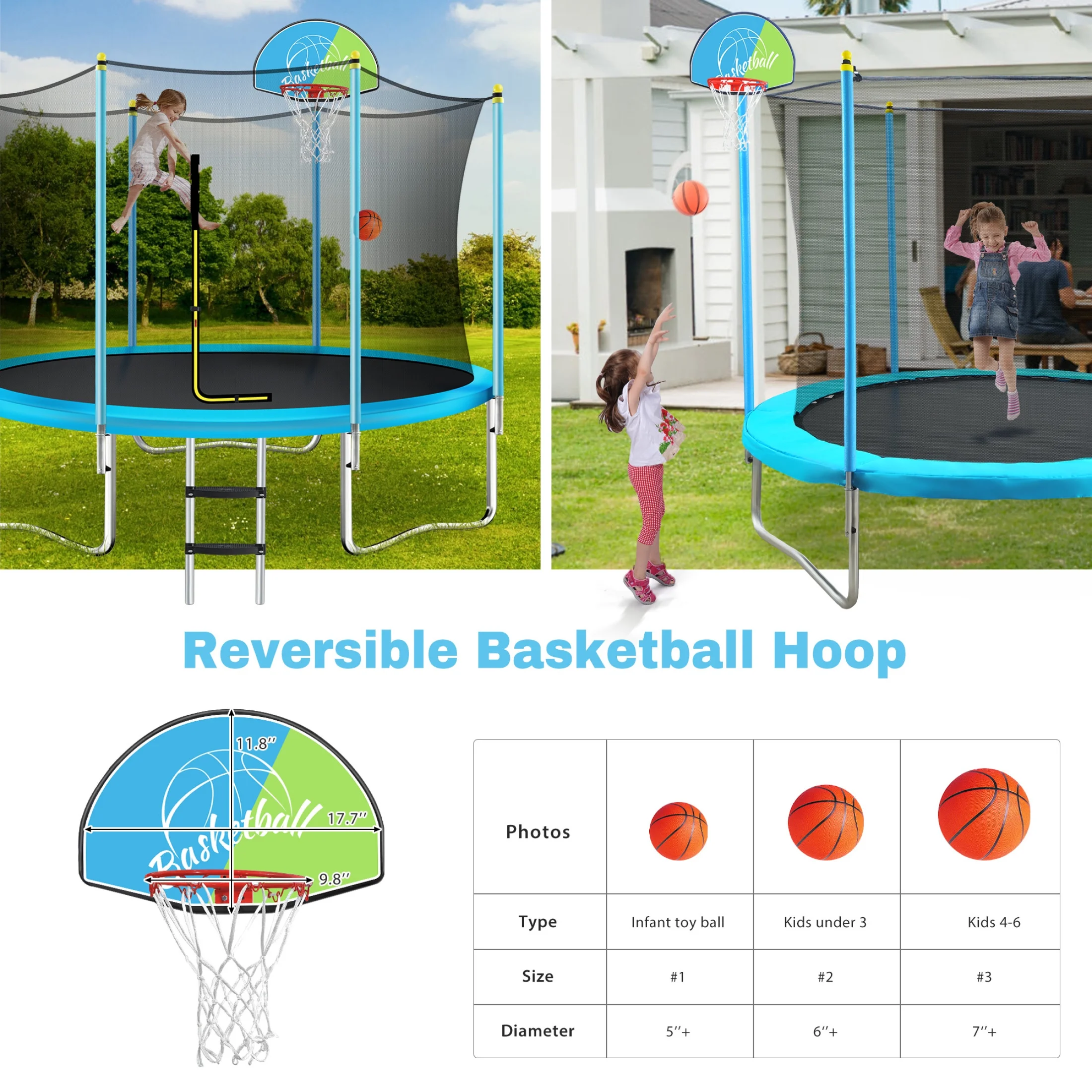 Noble House 8FT Outdoor Trampoline for Kids with Safety Enclosure Net, Basketball Hoop  Ladder, Blue(Blue)