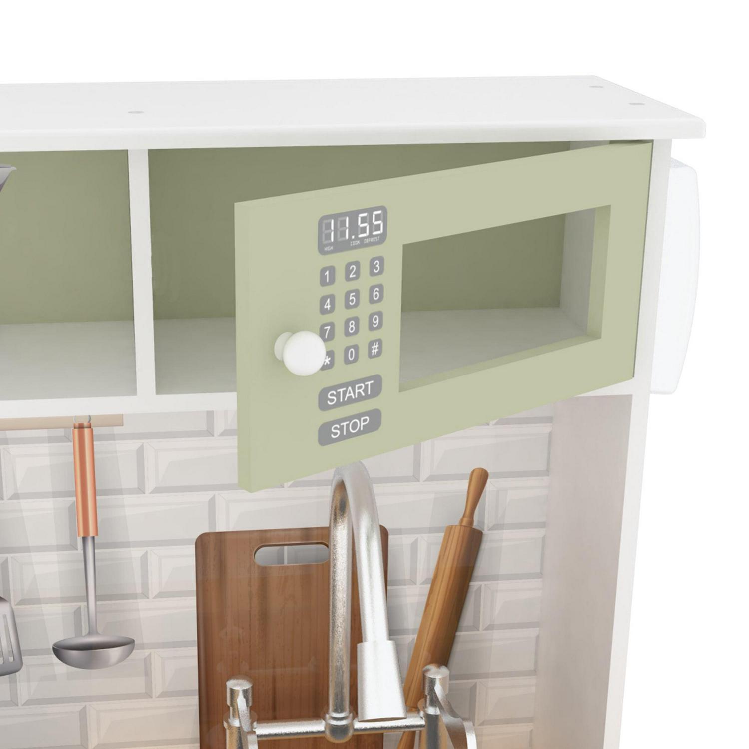 Teamson Kids Little Chef Boston Modern Kitchen Playset. 9 Pcs Acc Set. Oven. Microwave. Burner. Sink. White/Green