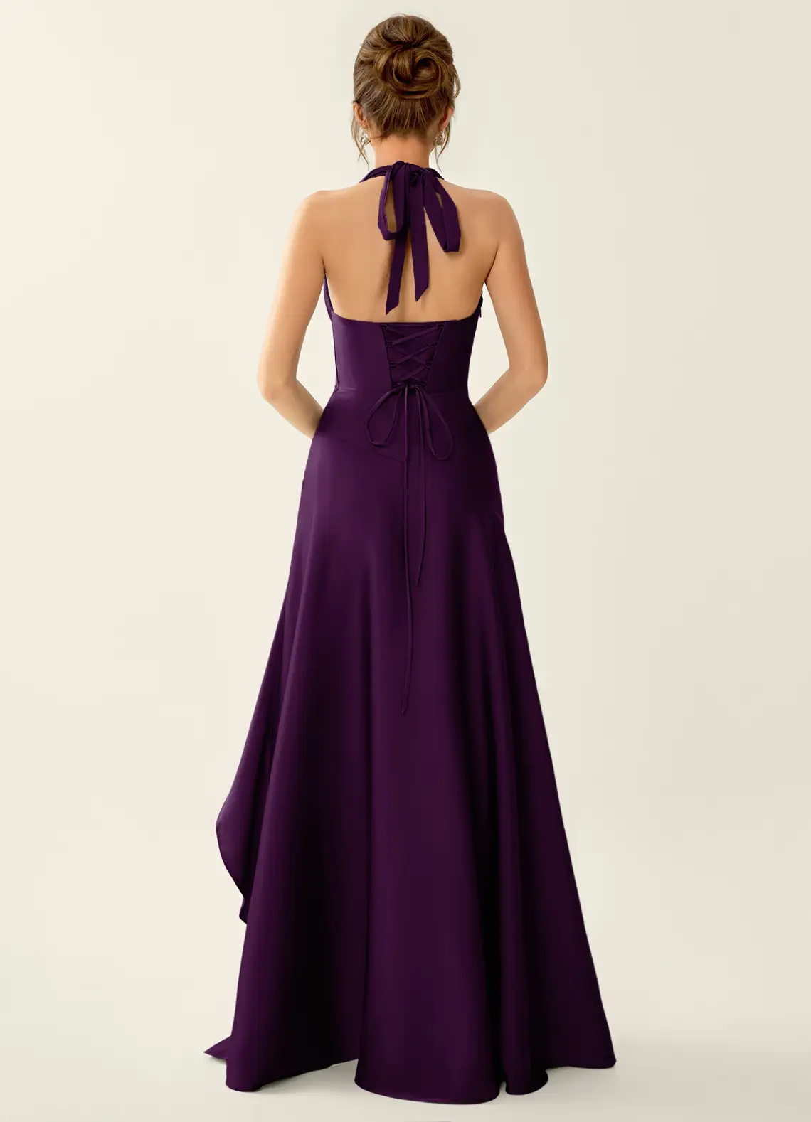 Titania Grape Satin V-neck Ruffled Prom Dress