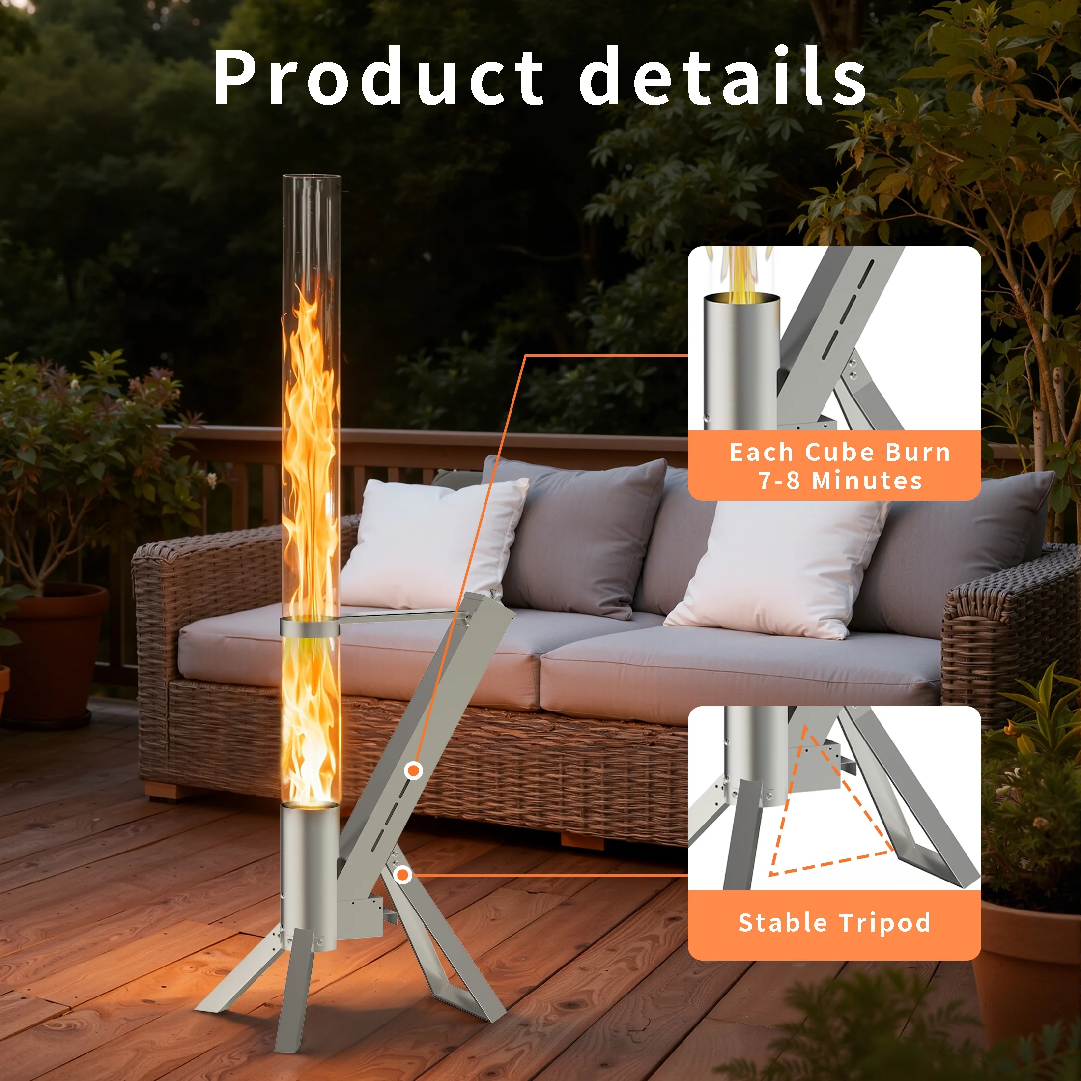 2 Piece Outdoor Smokeless Pellet Heater, Portable 430 Stainless Steel Glass Tube, Patio Pellet Torch with Tripod, Upgraded Ashtray, Eco-Friendly Wood Heater for Backyard, Patio, Camping(2 Pack) - Image 2
