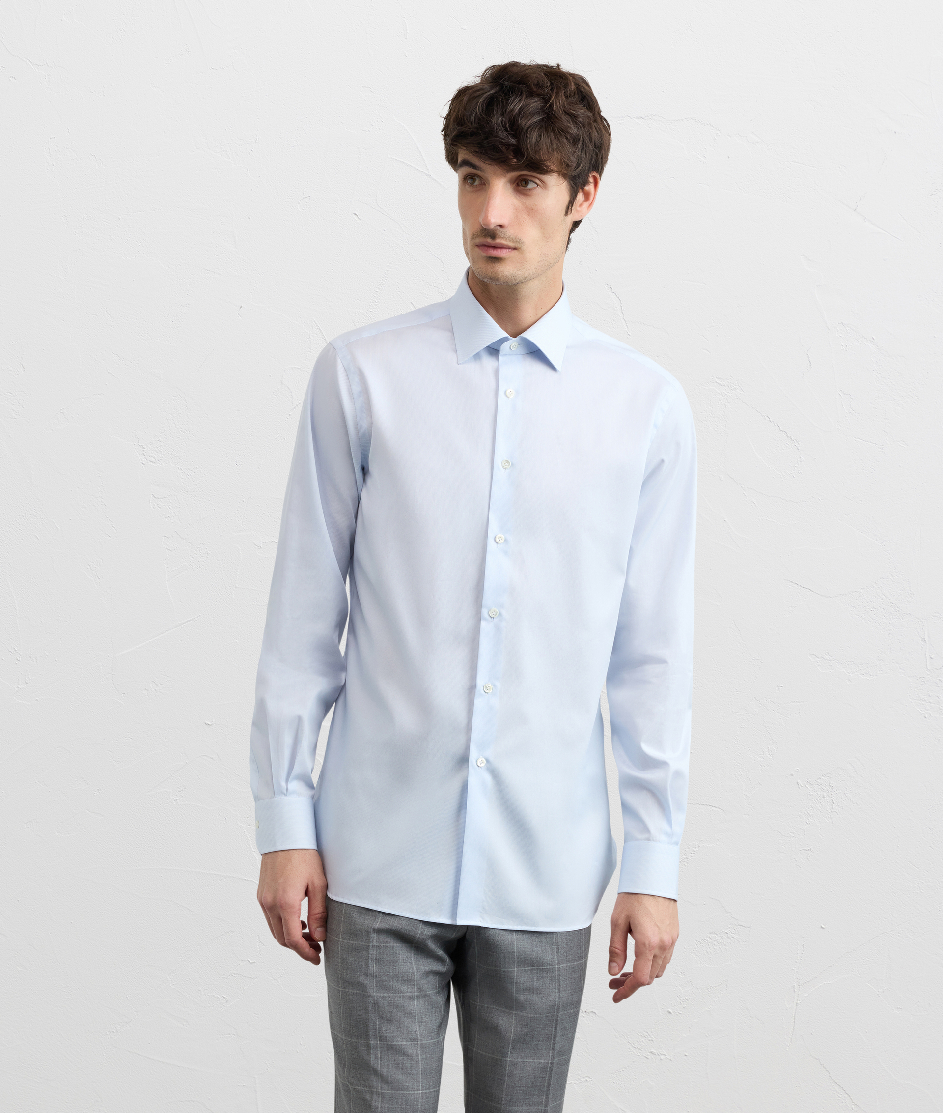 LIGHT BLUE COTTON THIN STRIPED SHIRT WITH MILANO COLLAR AND STANDARD CUFF