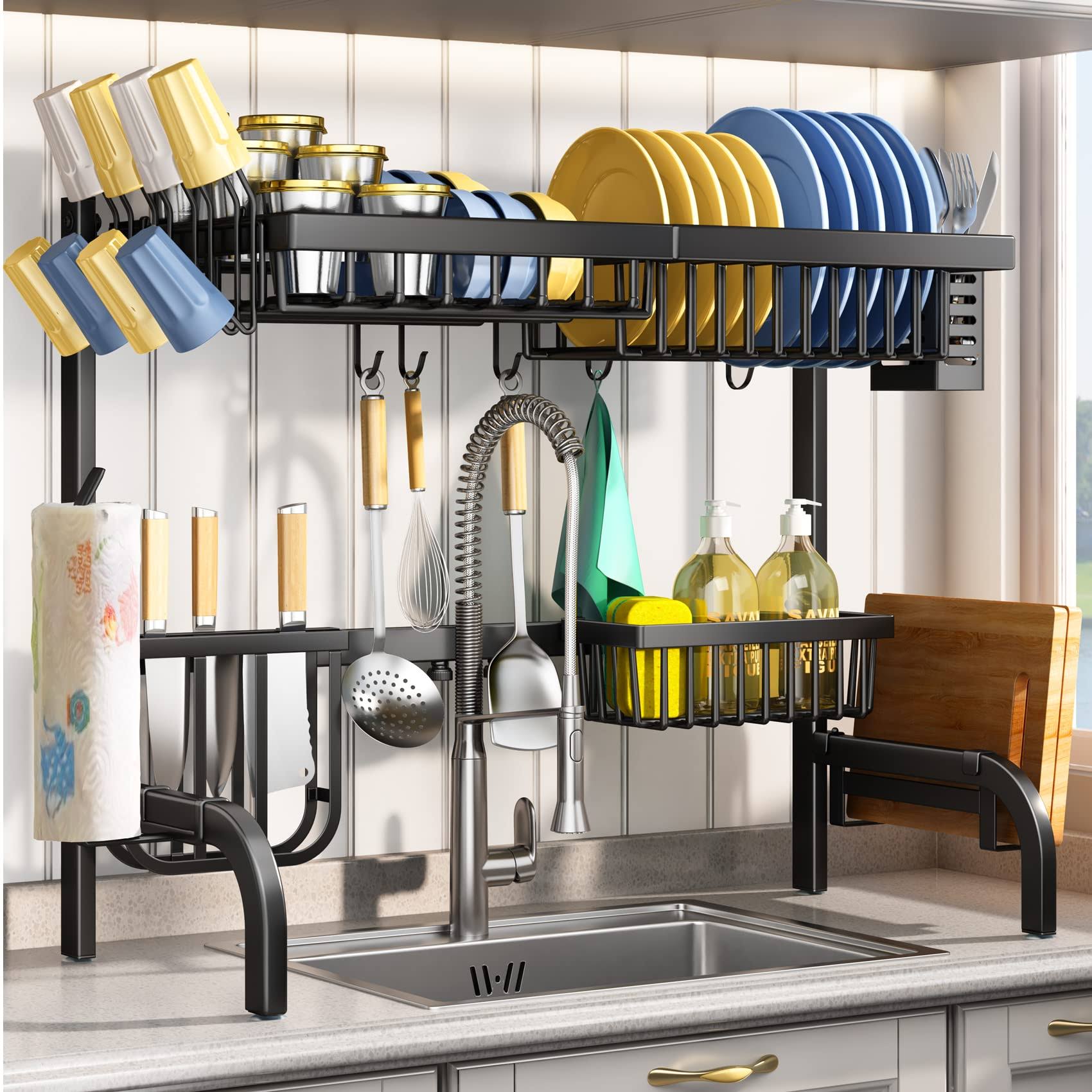 SAYZH Over The Sink Dish Drying Rack, Adjustable (25.5 to 33.5 inch) 2 Tier Metal Steel Dish Drying Racks for Kitchen Counter with Hooks Paper Towel