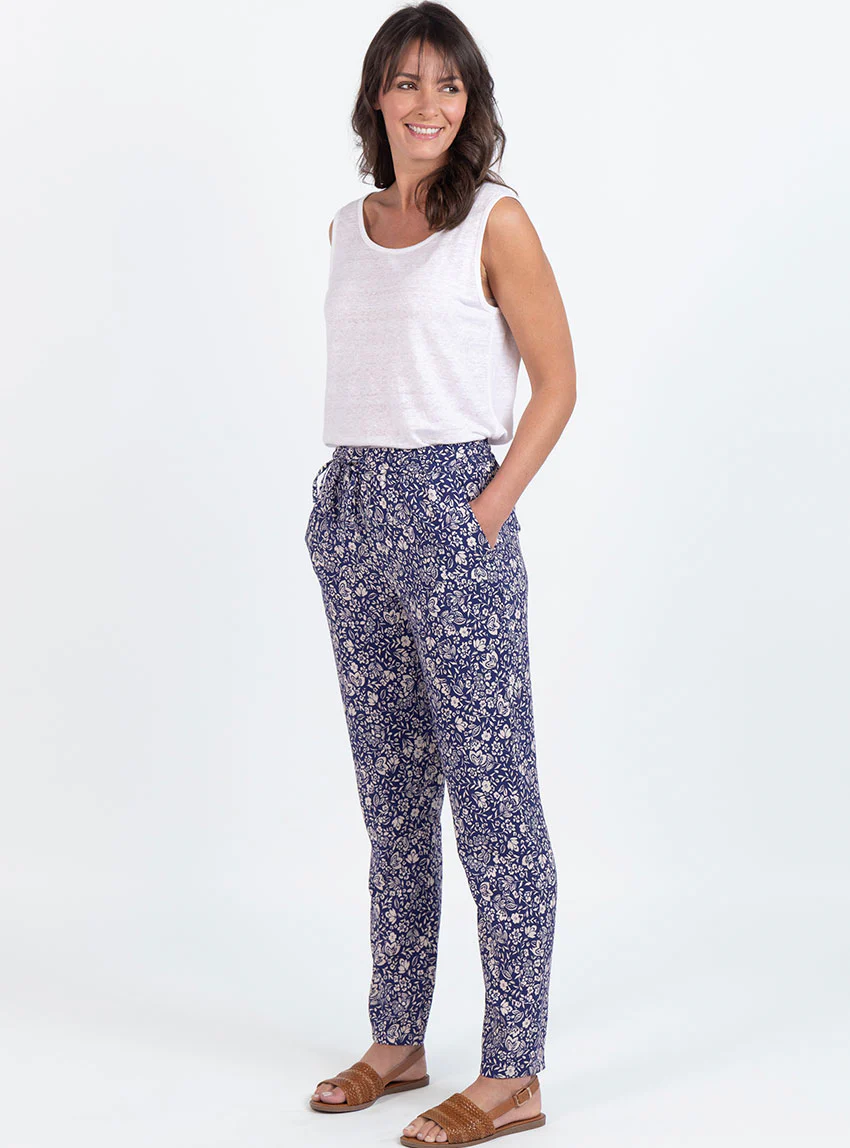 Pantalon femme en viscose imprimé bouquet bleu