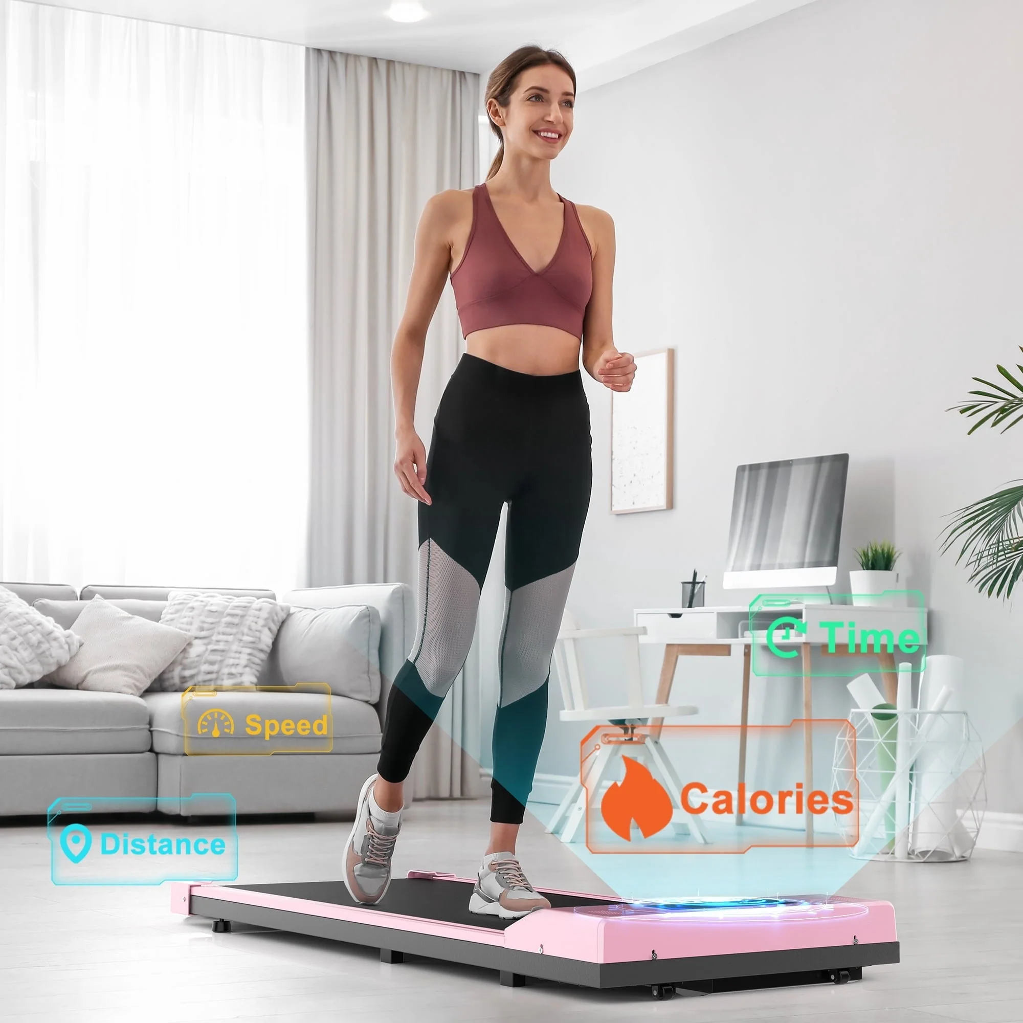 Adnoom Under Desk Treadmill,2 5HP Installation Free Slim Flat Compact Treadmill,Electric Quiet Walking Treadmill with LED Display and Wireless Remote Control for Home/Office (pink) Image 8