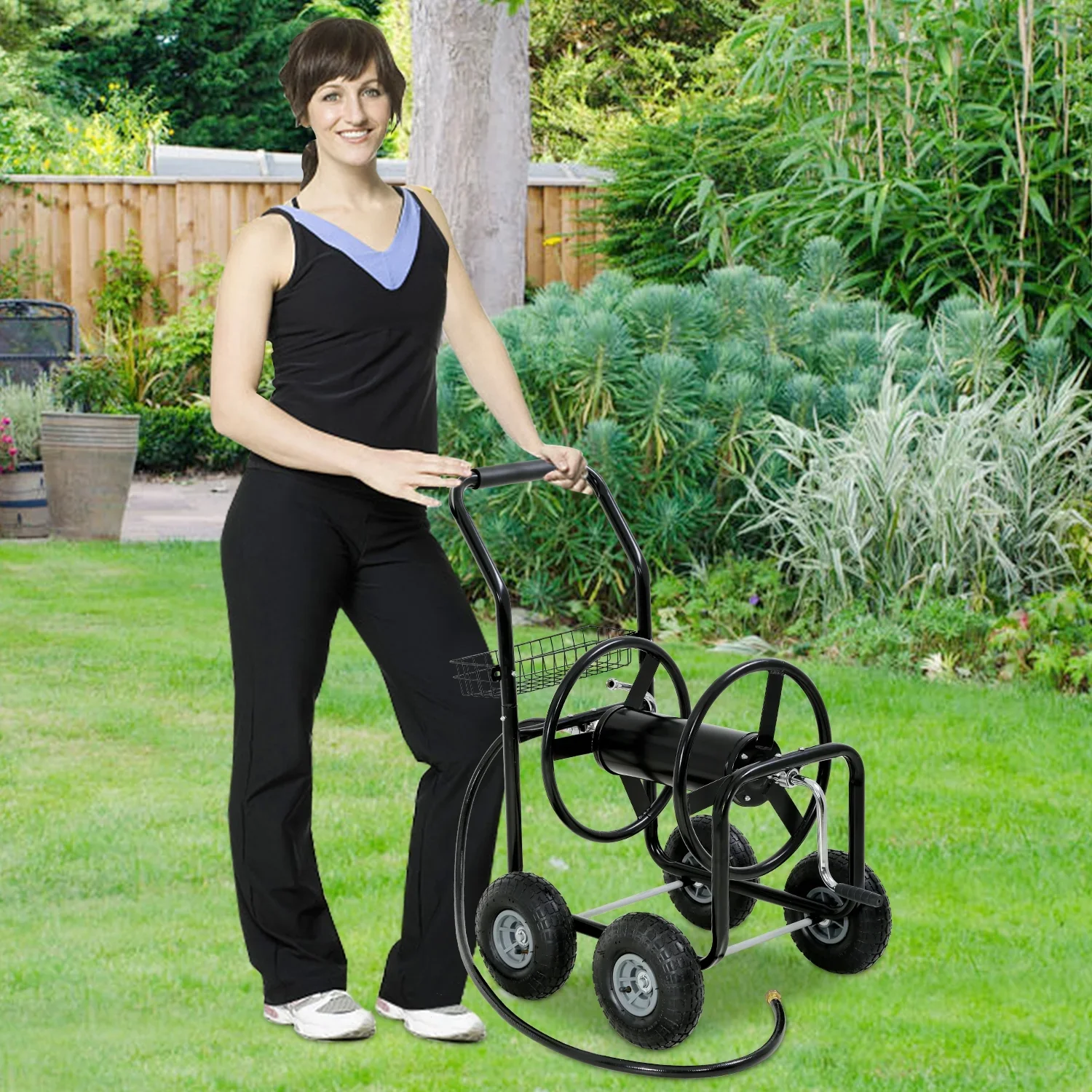 YRLLENSDAN Garden Water Hose Reel Cart Tools with Wheels Garden Lawn Water Truck Water Planting Cart Heavy Duty Outdoor Yard Water Planting Holds 300-Feet of 5/8-Inch Hose with Storage Basket (Black)