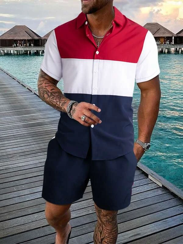 Ensemble chemise à manches courtes à imprimé hawaïen pour homme Suitmens 014