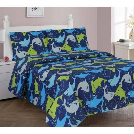 Golden Linens 4 Pieces Full Size Printed Modern Designs Kids Sheets Bed Cover with Pillow Cases (Shark)