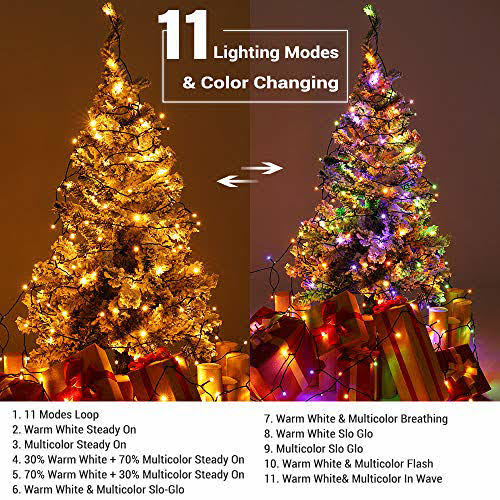 Brizled Christmas Lights, 65.67ft 200 LED Color Changing Tree Lights 11-Function Warm White & Multi Color Christmas Lights, Connectable 24V Safe
