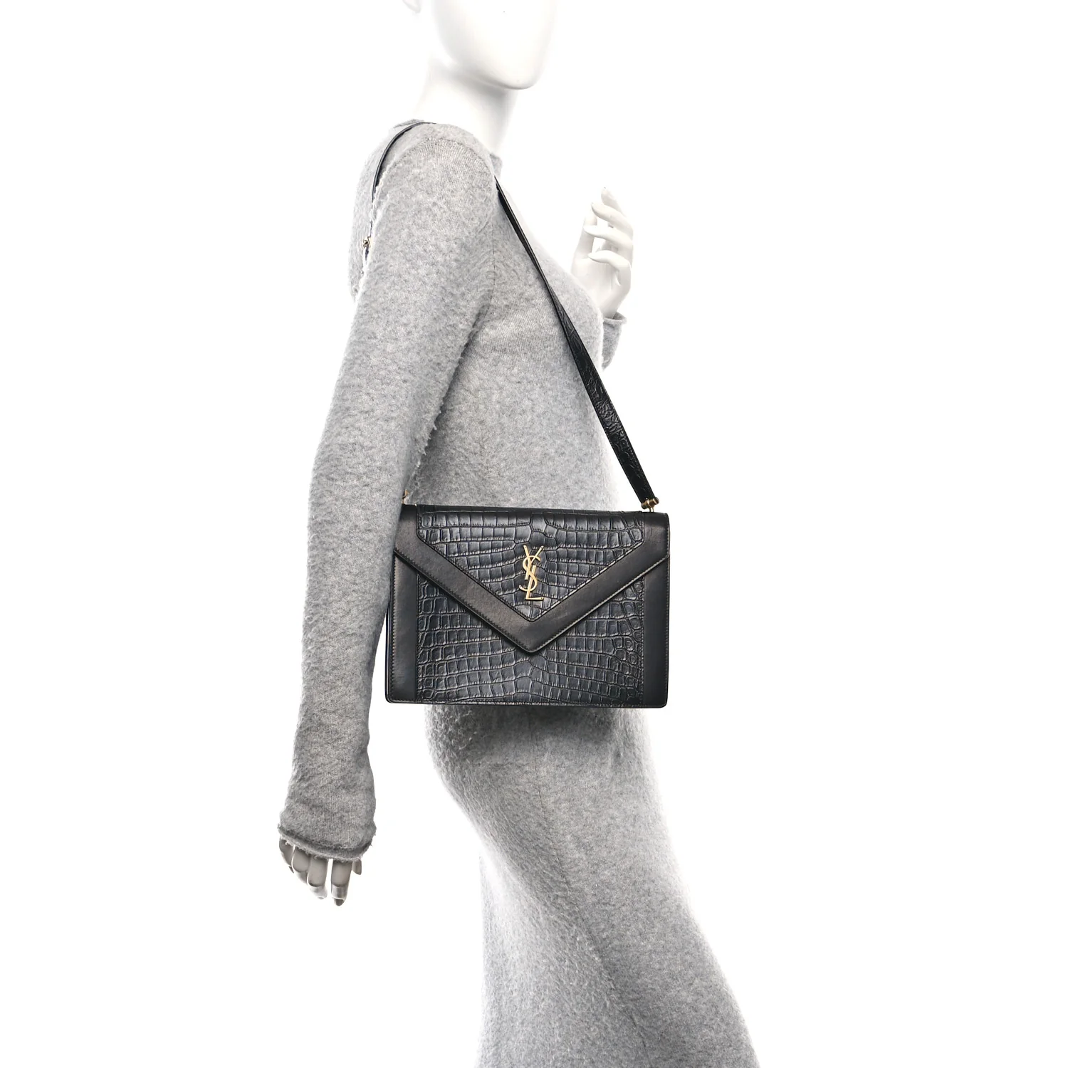 Calfskin Crocodile Embossed Gaby Satchel Black