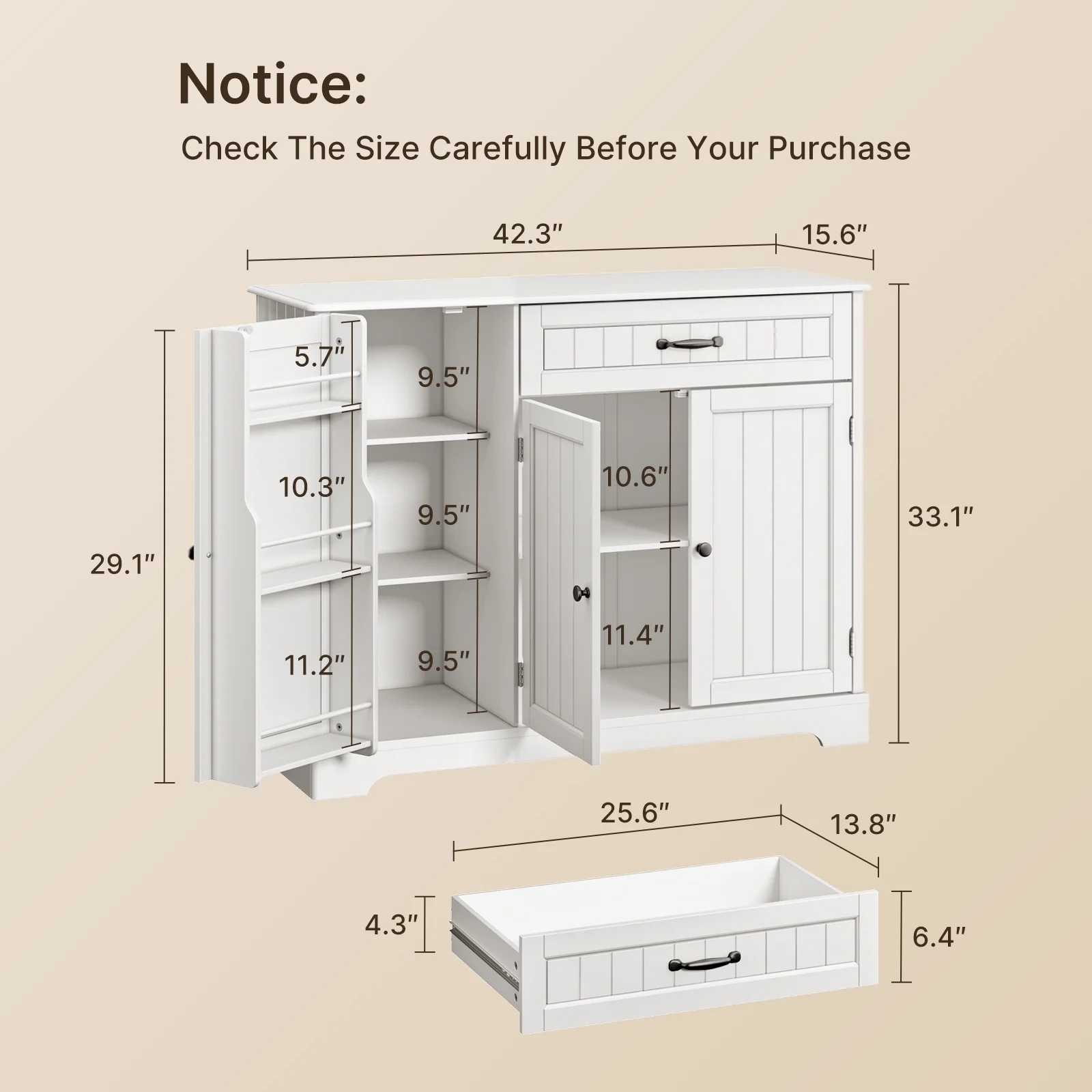 Coffee Bar, 42" Kitchen Storage Cabinet, Sideboard Buffet Cabinet with 8 Shelves, 1 Drawer(White) - Image 8