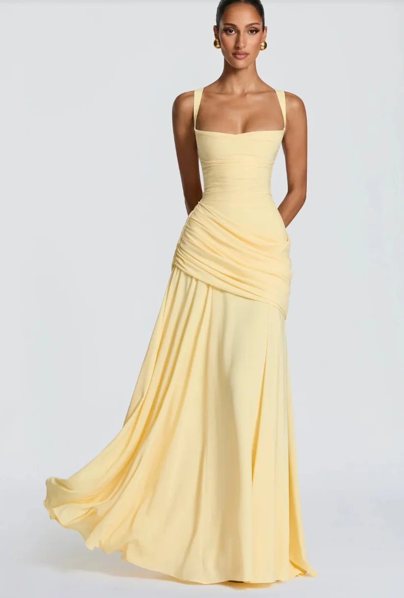 Robe Maxi Jaune Drapée Froncée pour Femme